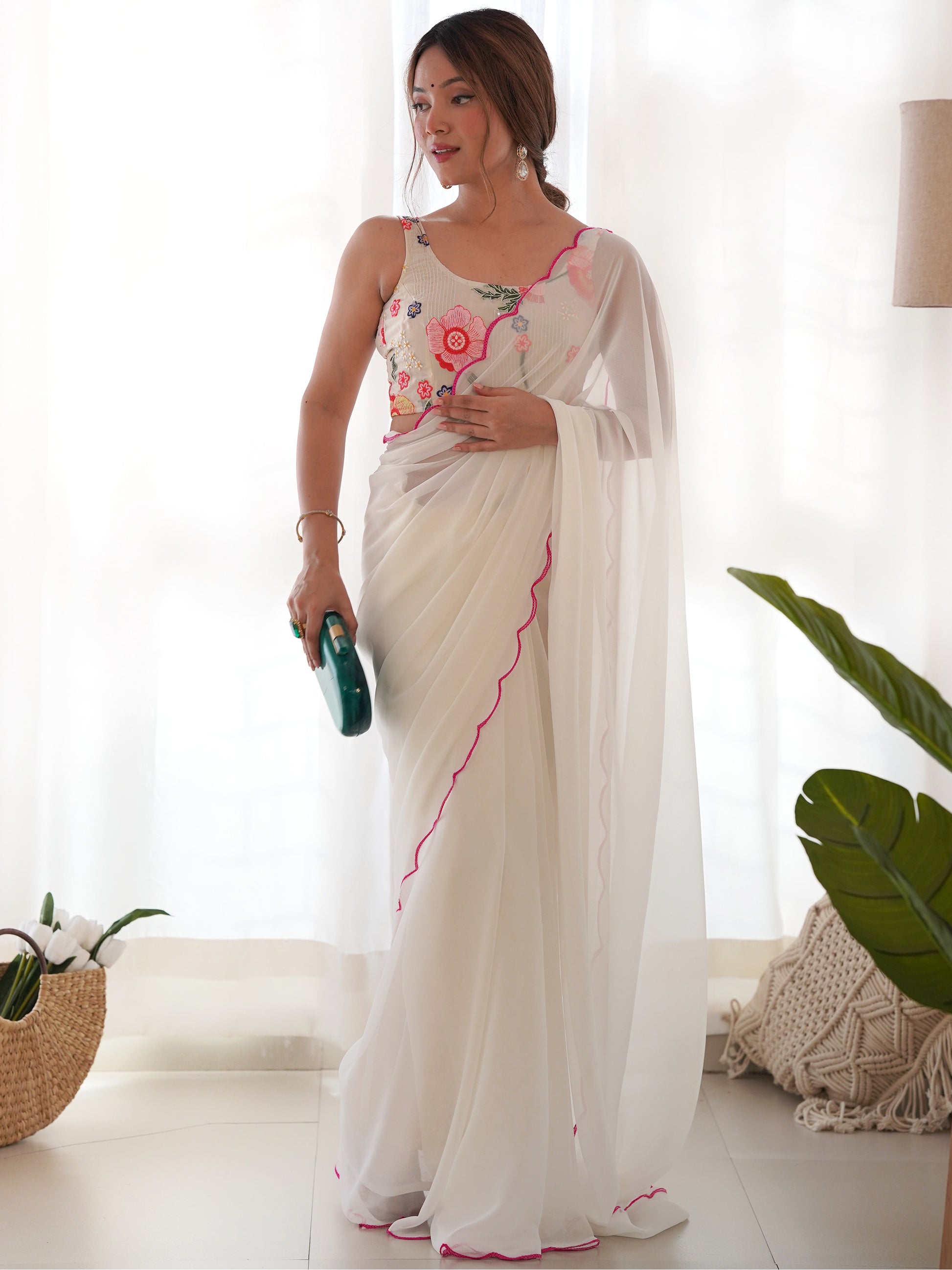 Attractive White Lace Work Georgette Festival Wear Saree With Blouse