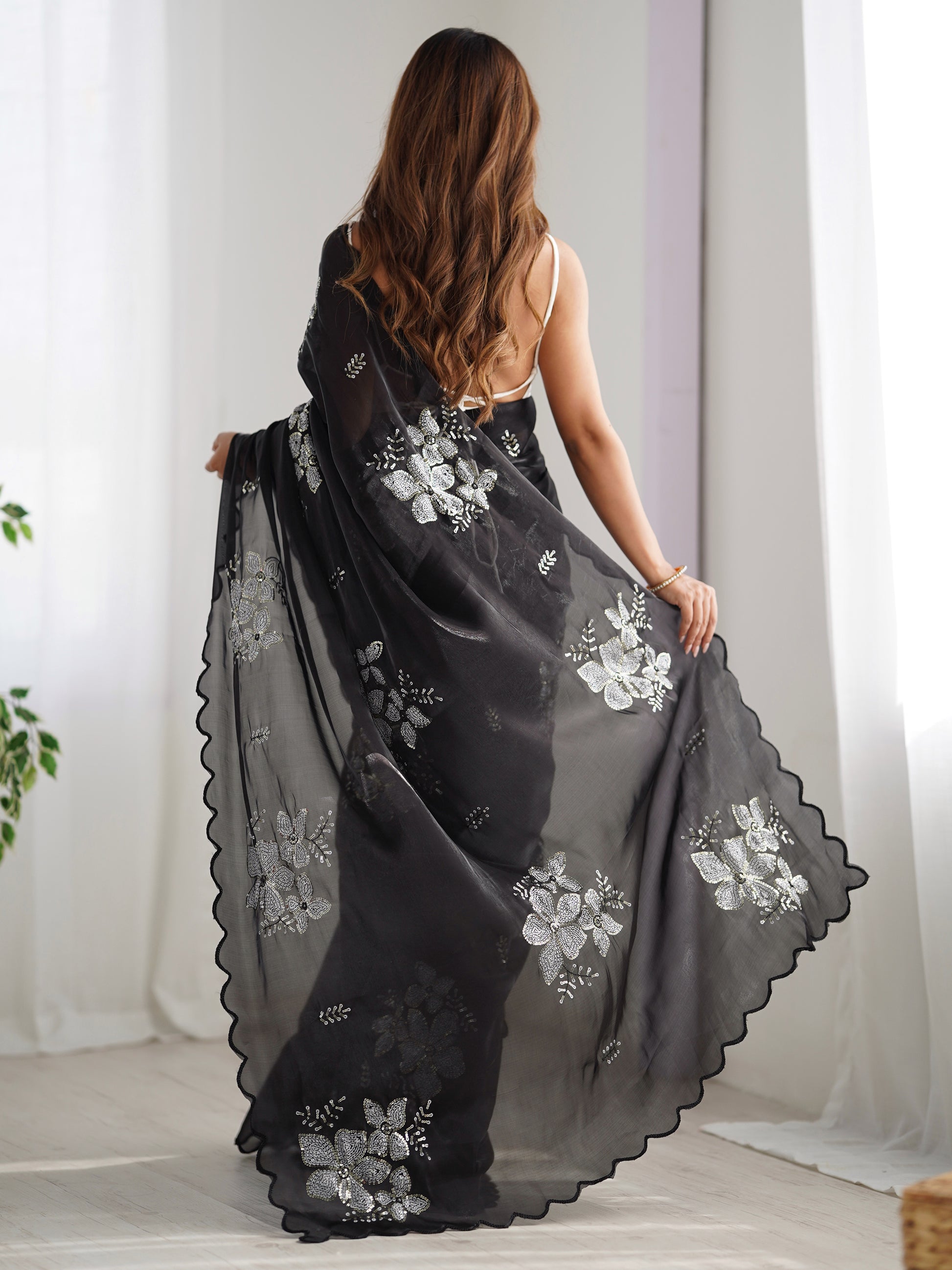 Stunning Black Sequins Organza Reception Wear Saree With Blouse