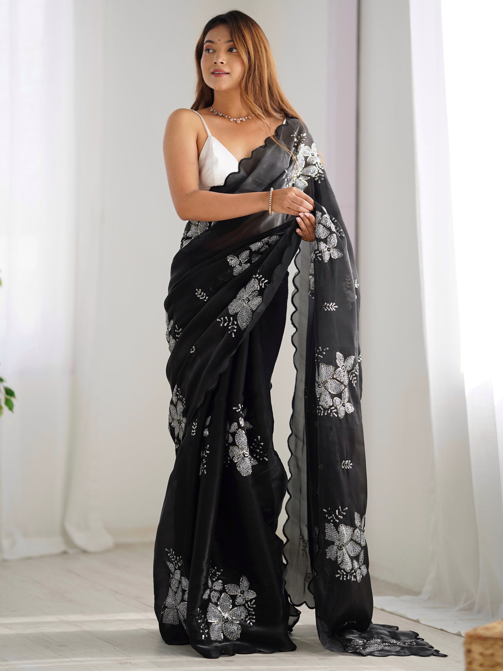 Stunning Black Sequins Organza Reception Wear Saree With Blouse