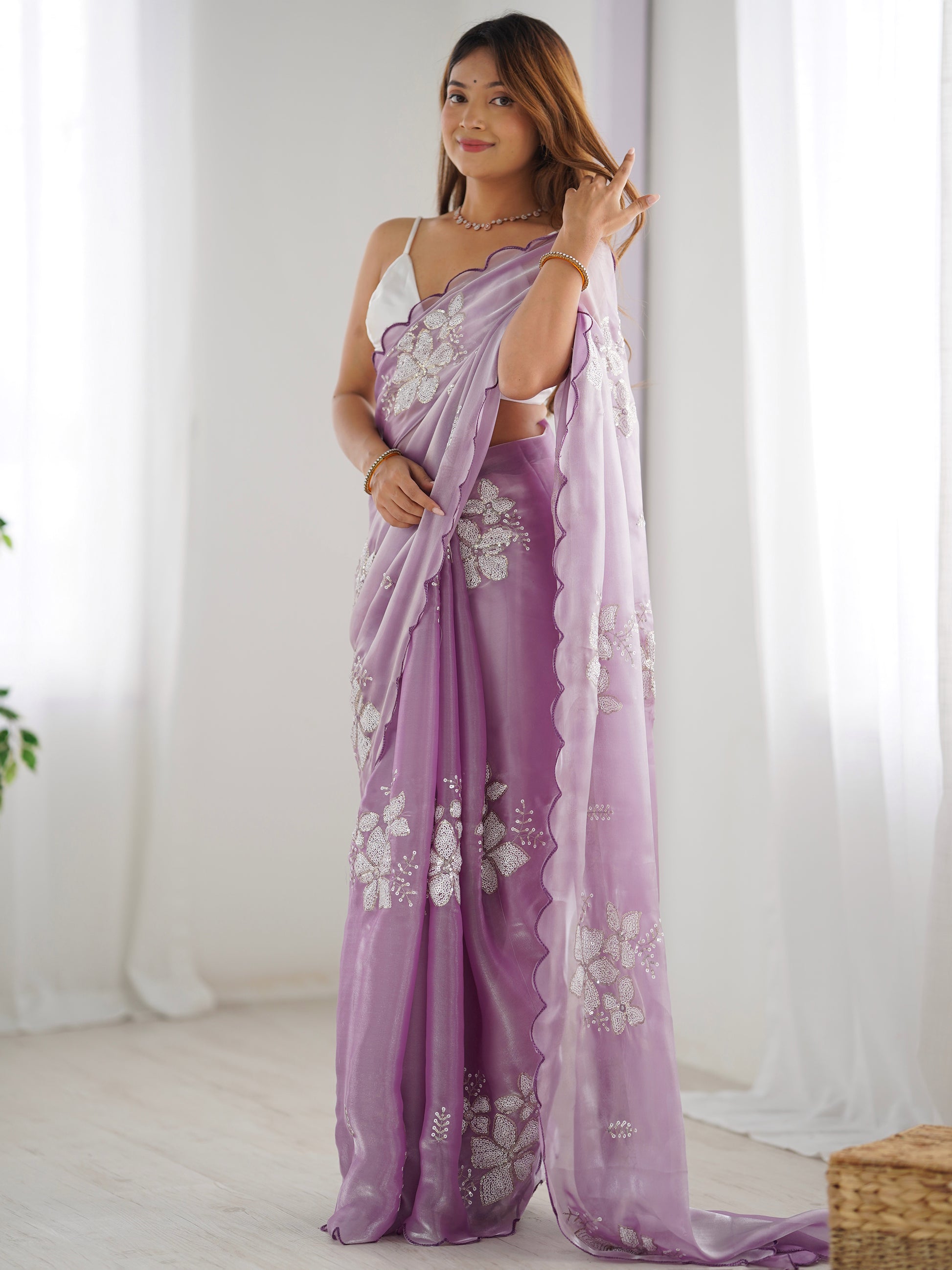 Adorable Lavender Embroidered Organza Event Wear Saree With Blouse