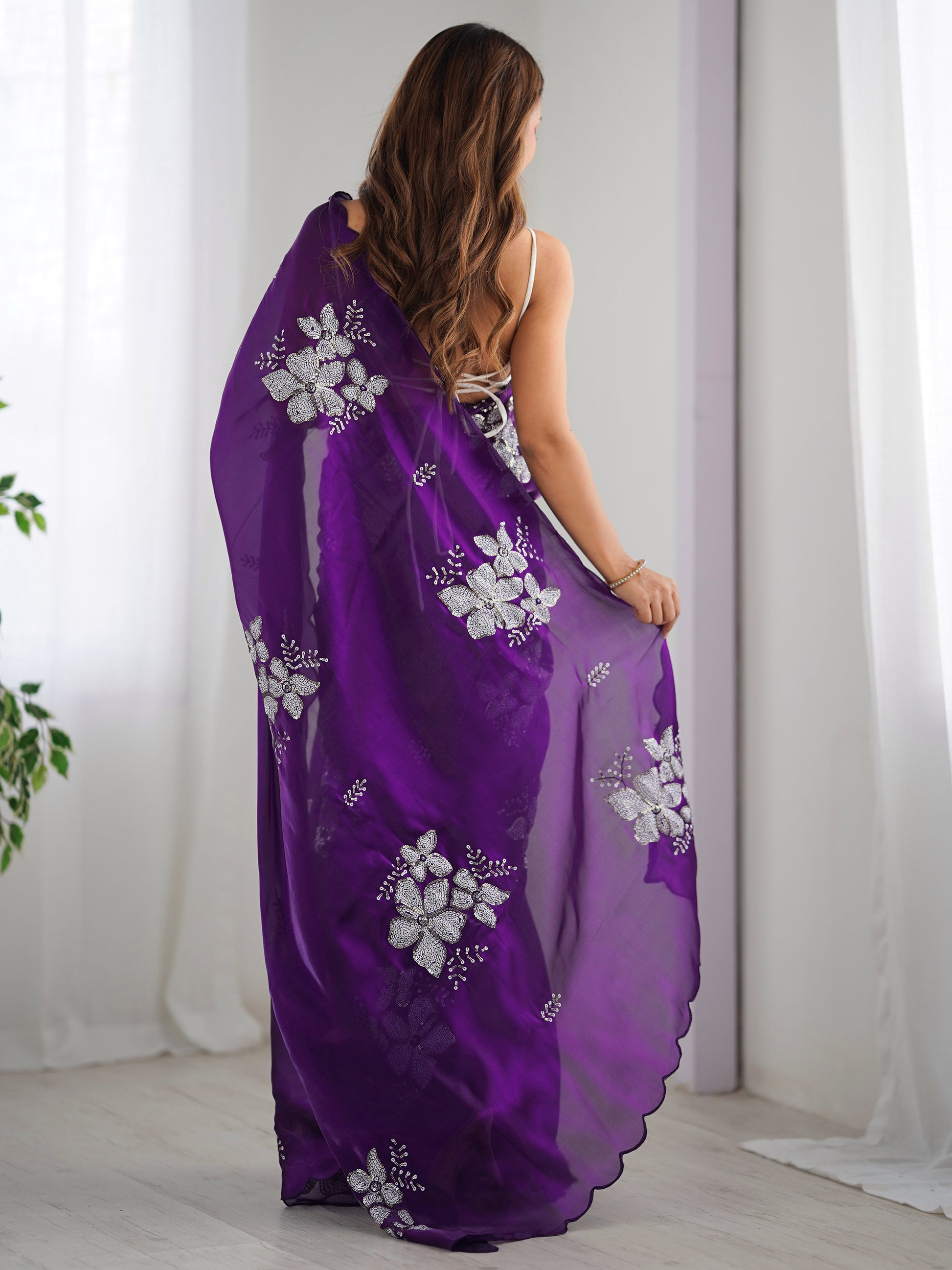 Fascinating Purple Embroidered Organza Party Wear Saree With Blouse