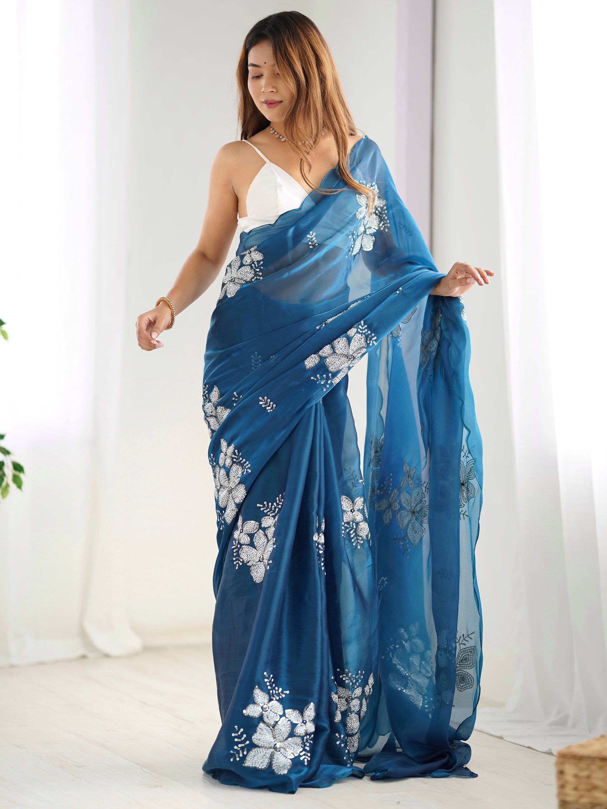 Glamorous Blue Embroidered Organza Festival Wear Saree With Blouse