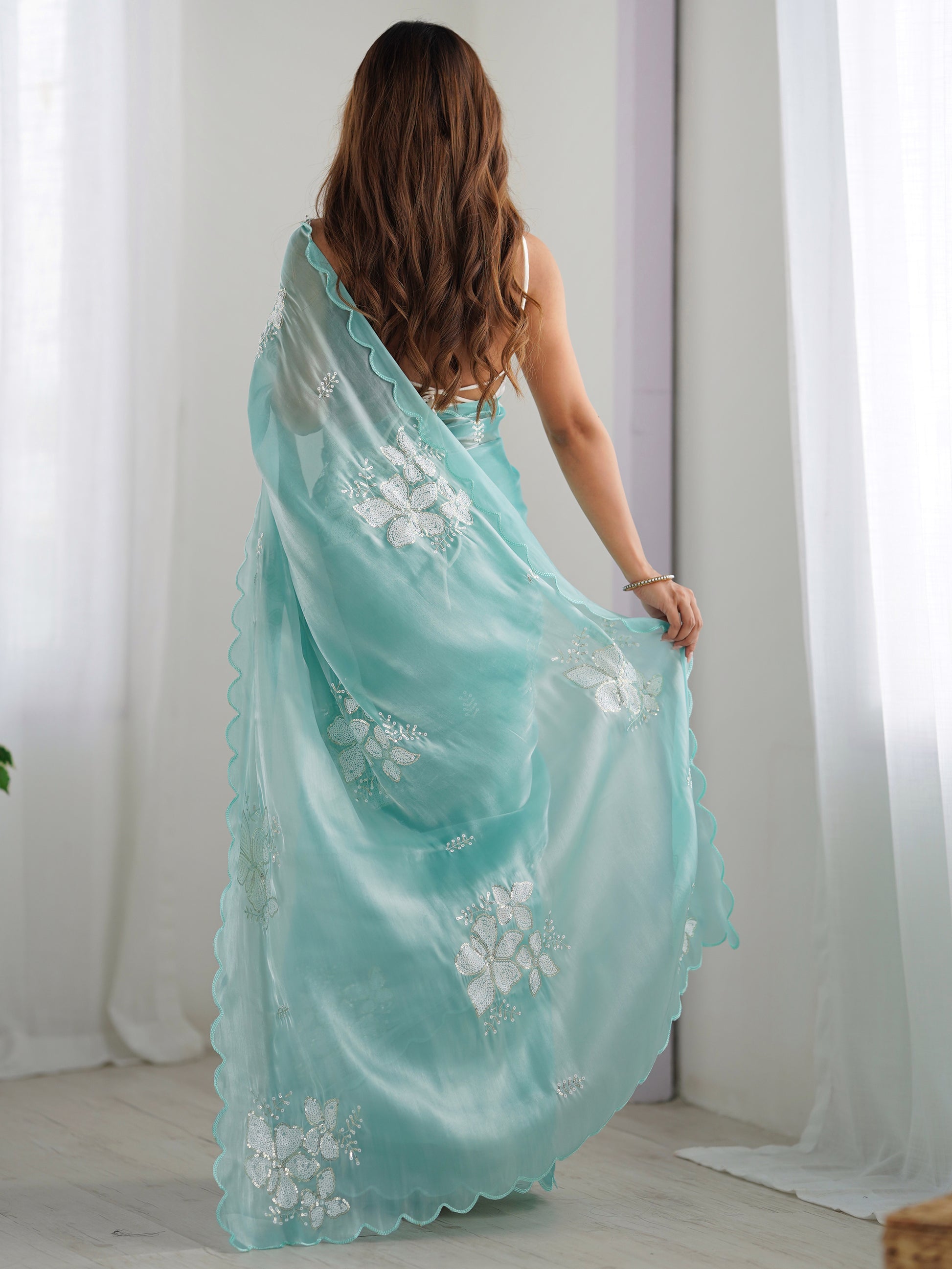 Beautiful Sky Blue Embroidered Organza Event Wear Saree With Blouse