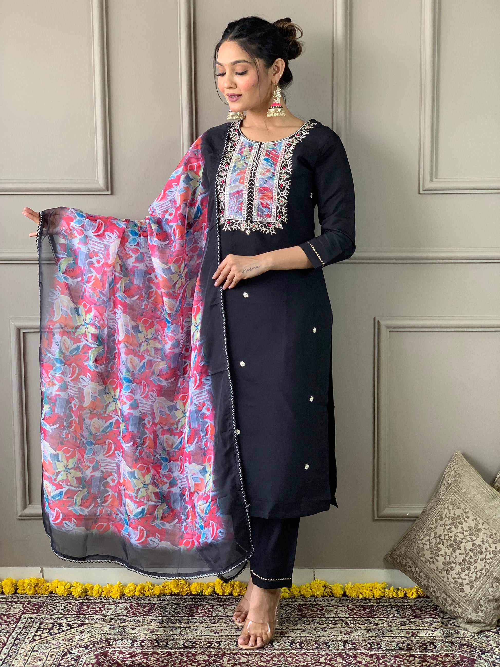 Stunning Black Embroidered Rayon Event Wear Pant Suit With Dupatta
