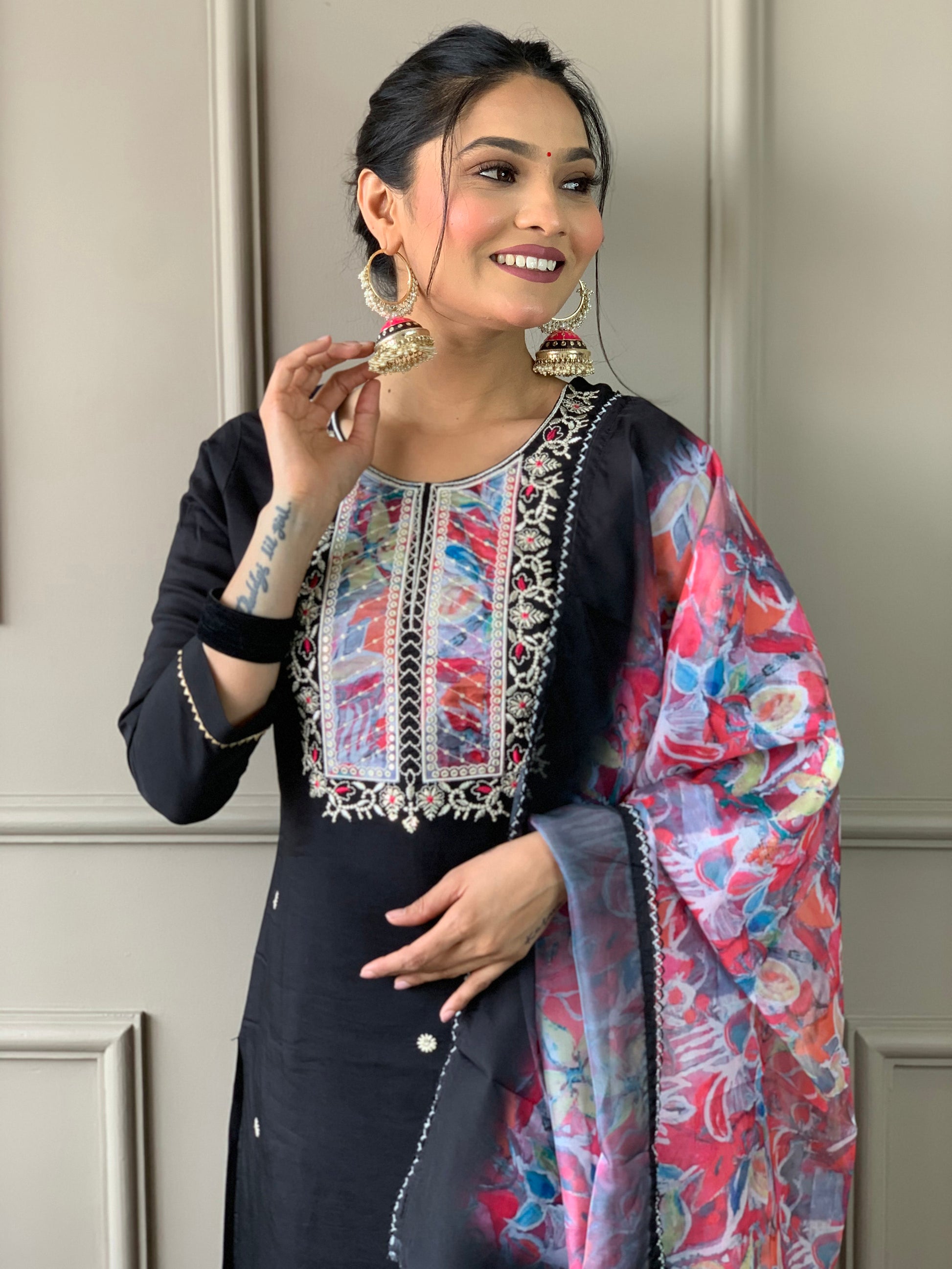 Stunning Black Embroidered Rayon Event Wear Pant Suit With Dupatta