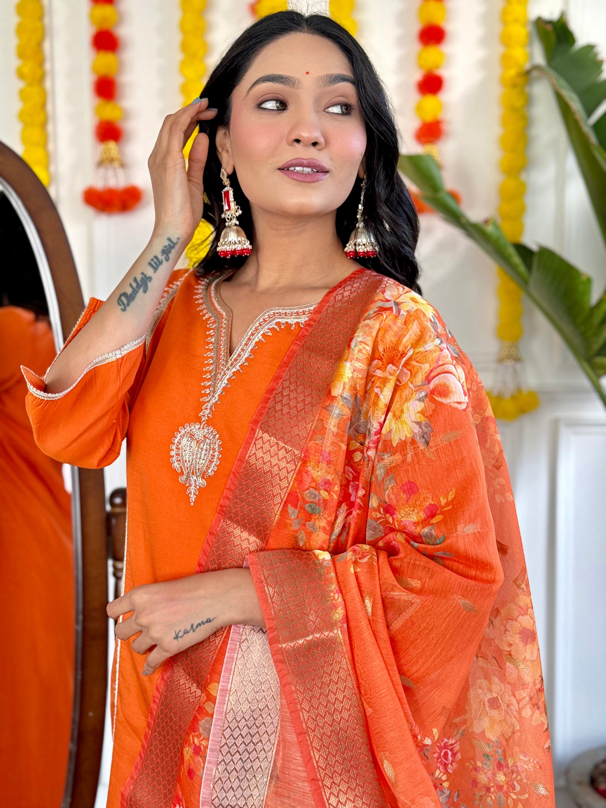 Marvelous Orange Printed Viscose Traditional Pant Suit With Dupatta