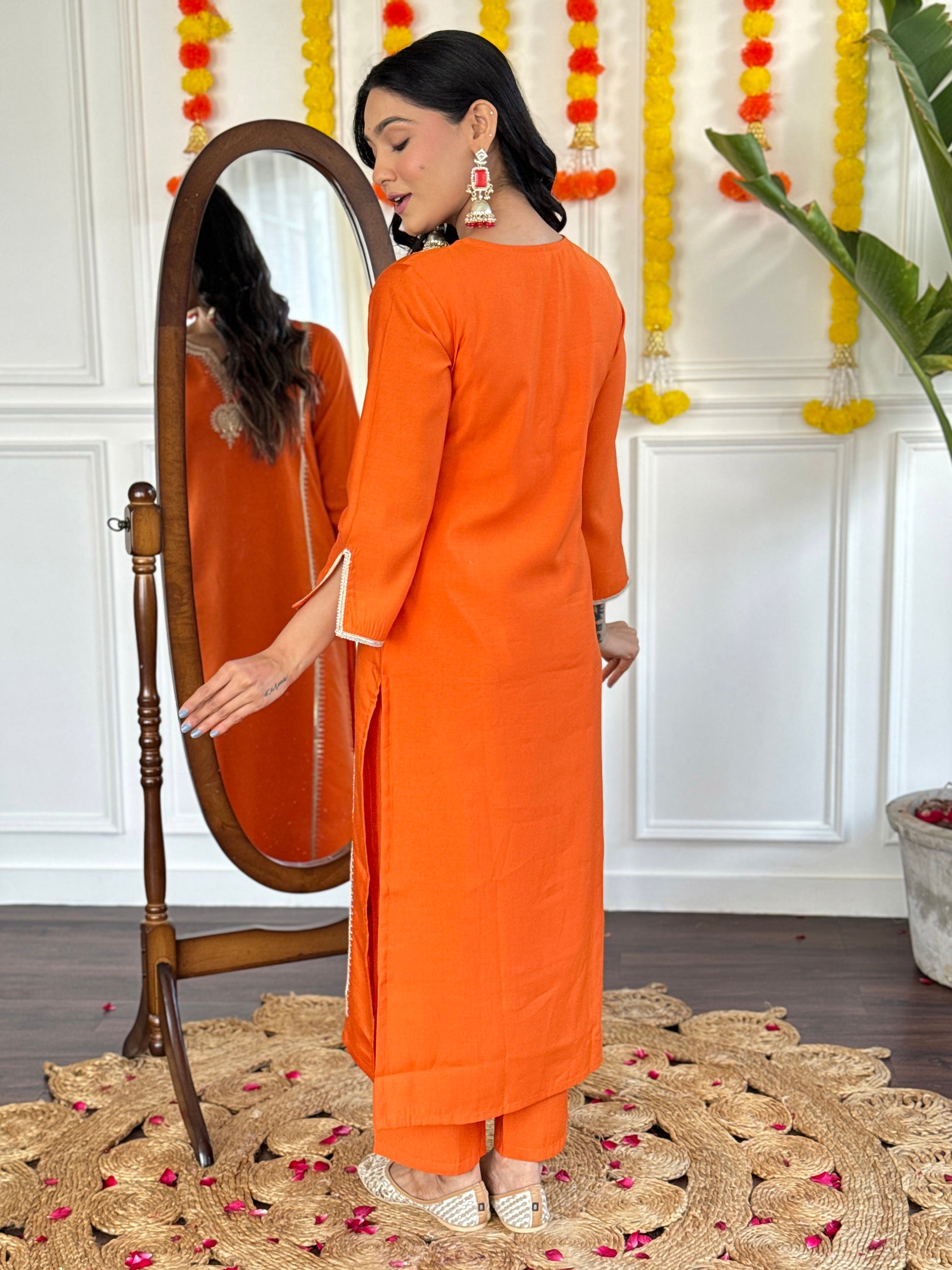 Marvelous Orange Printed Viscose Traditional Pant Suit With Dupatta