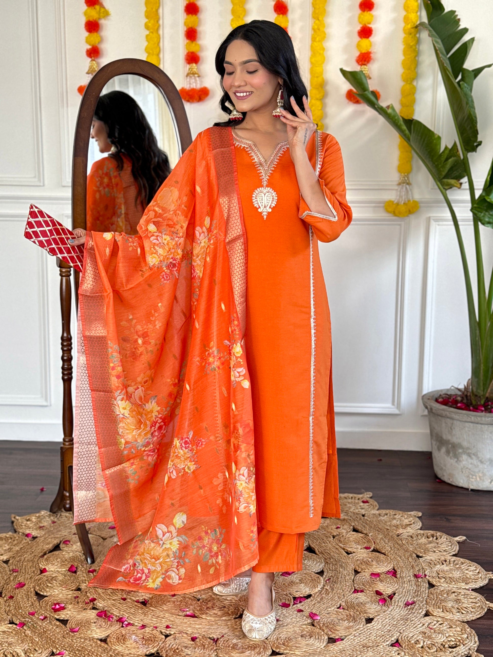 Marvelous Orange Printed Viscose Traditional Pant Suit With Dupatta