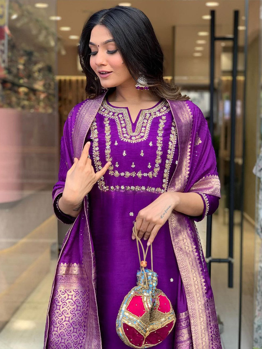 Incredible Purple Hand Work Viscose Wedding Wear Pant Suit