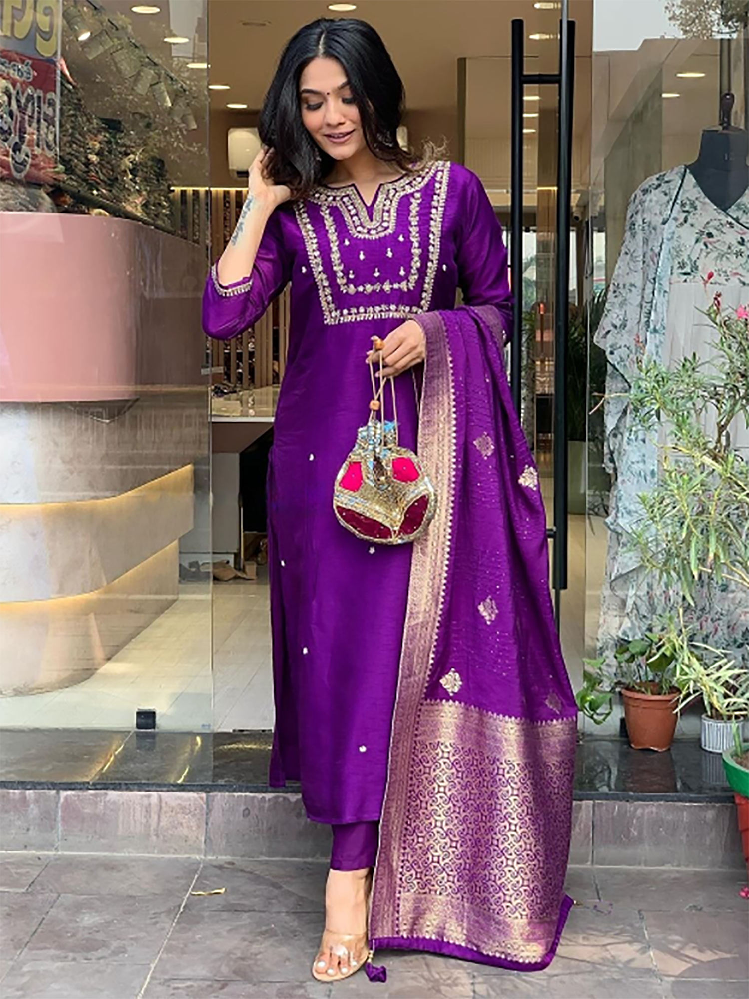 Incredible Purple Hand Work Viscose Wedding Wear Pant Suit