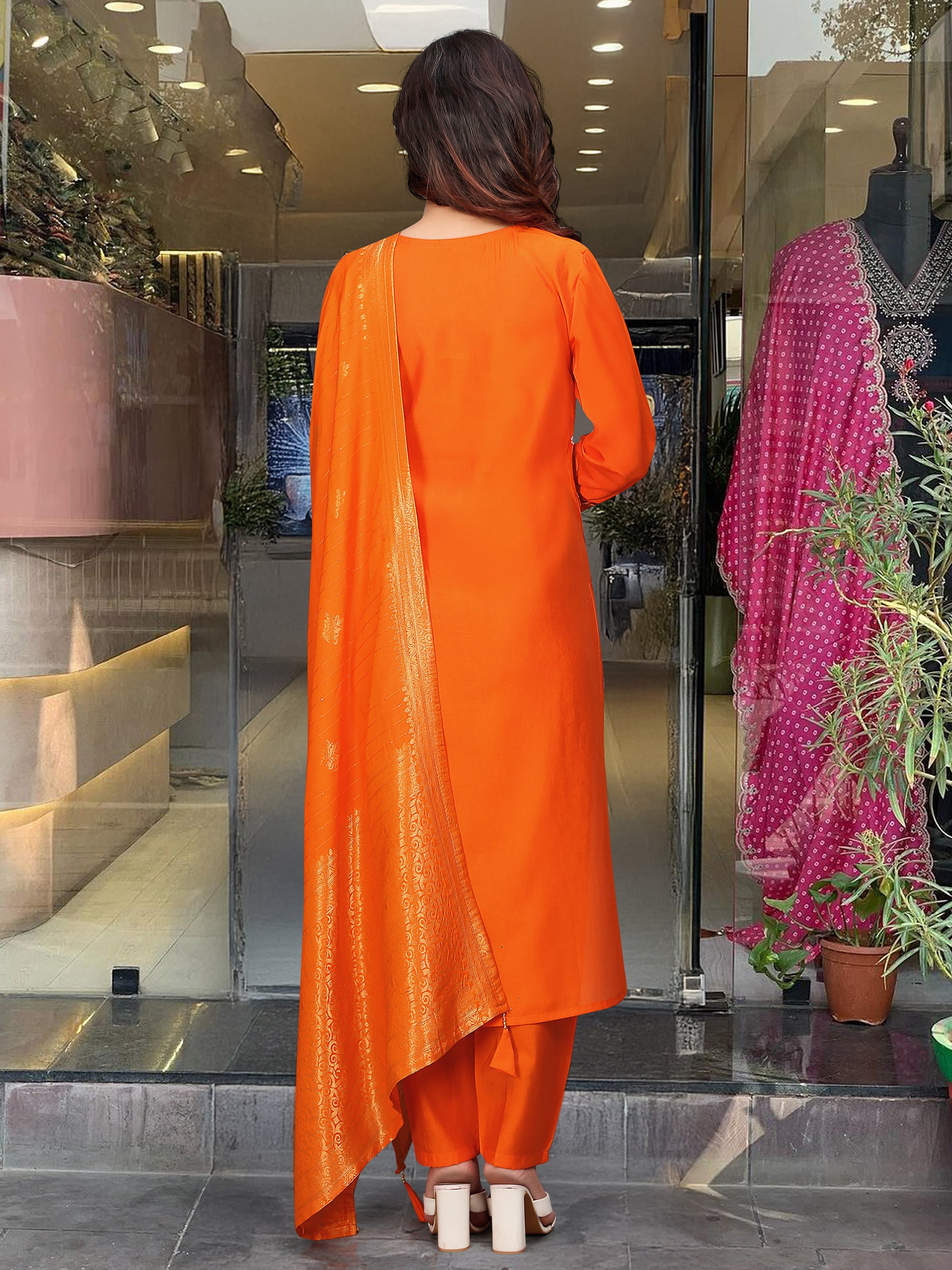 Fabulous Orange Hand Work Viscose Traditional Pant Suit With Dupatta
