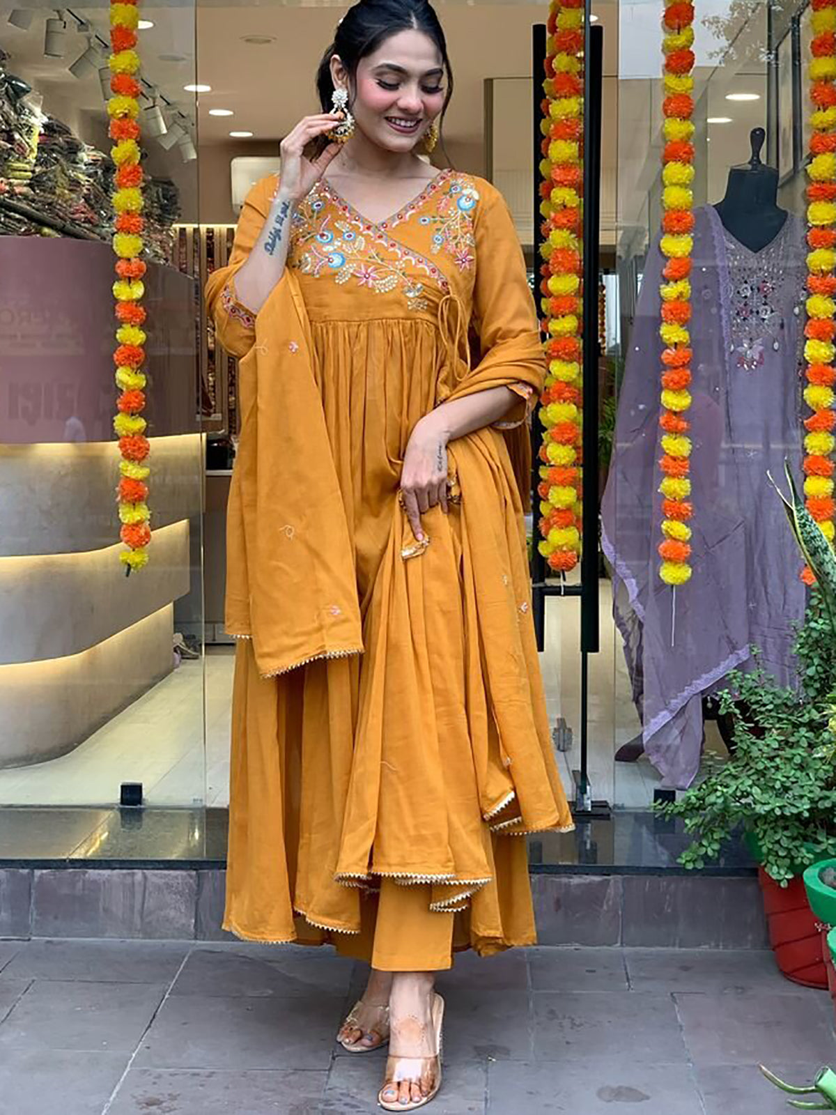 Outstanding Mustard Yellow Embroidered Viscose Pant Suit With Dupatta