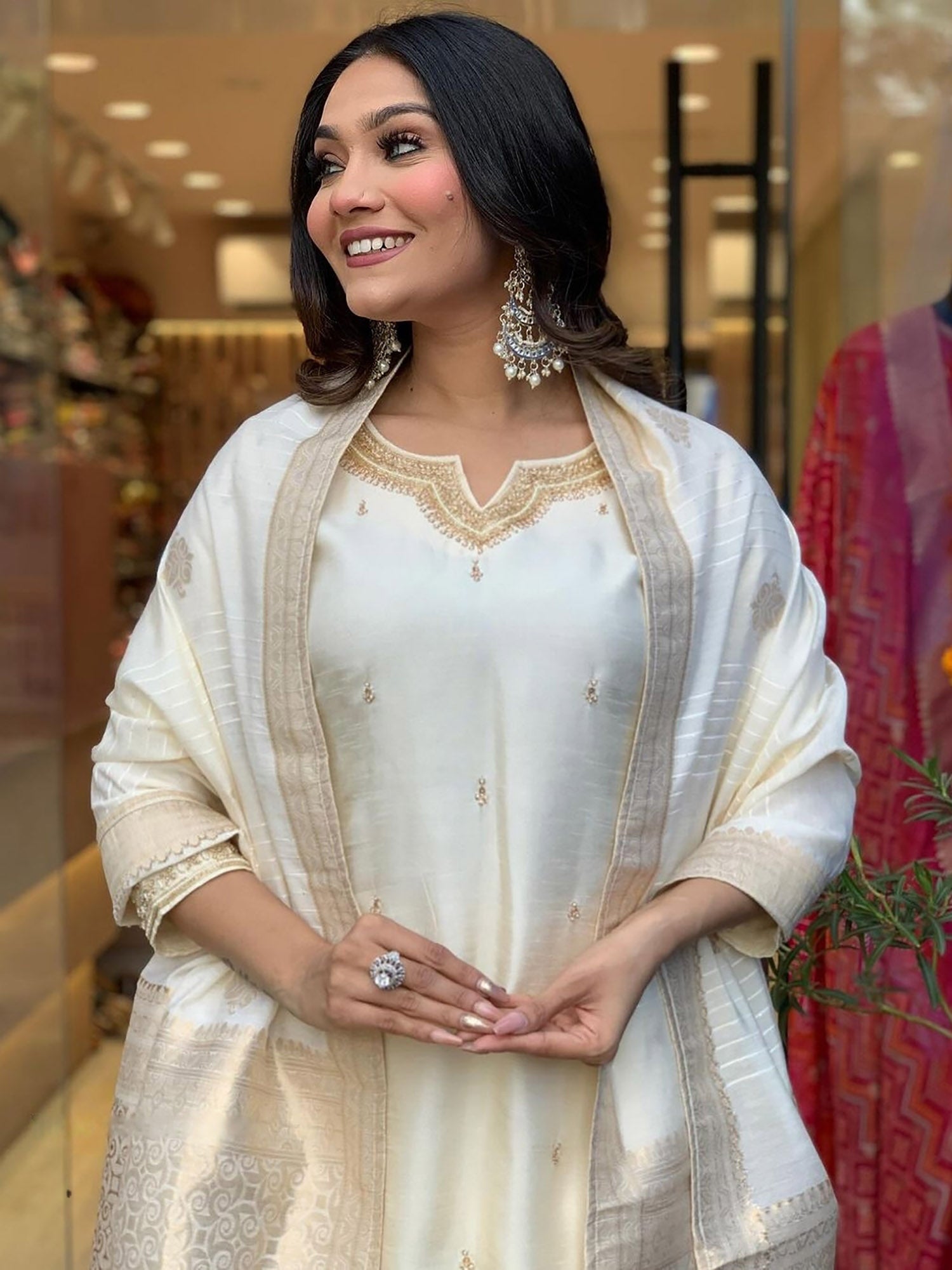 Beautiful Off-White Embroidered Viscose Festival Wear Pant Suit