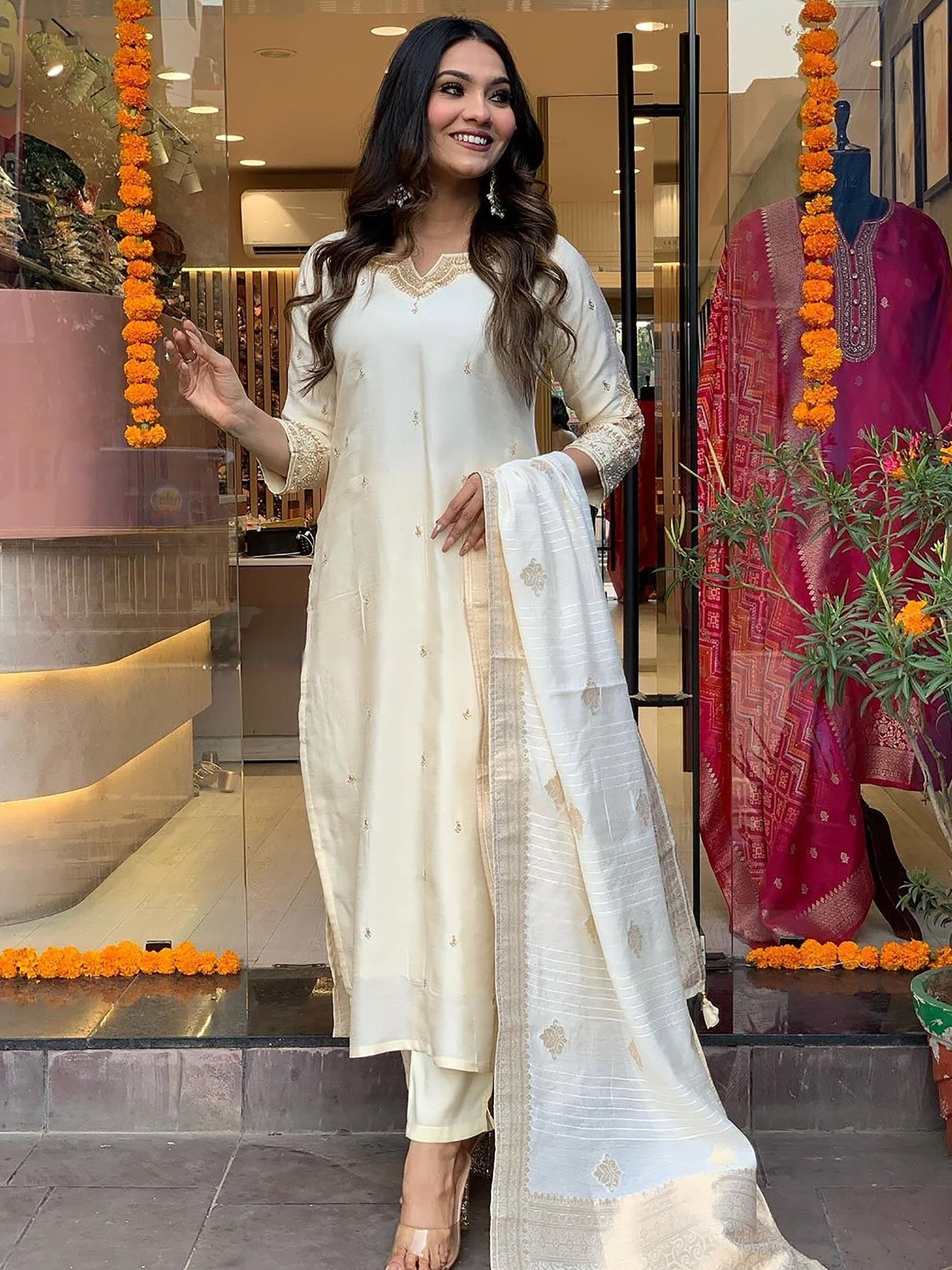 Beautiful Off-White Embroidered Viscose Festival Wear Pant Suit