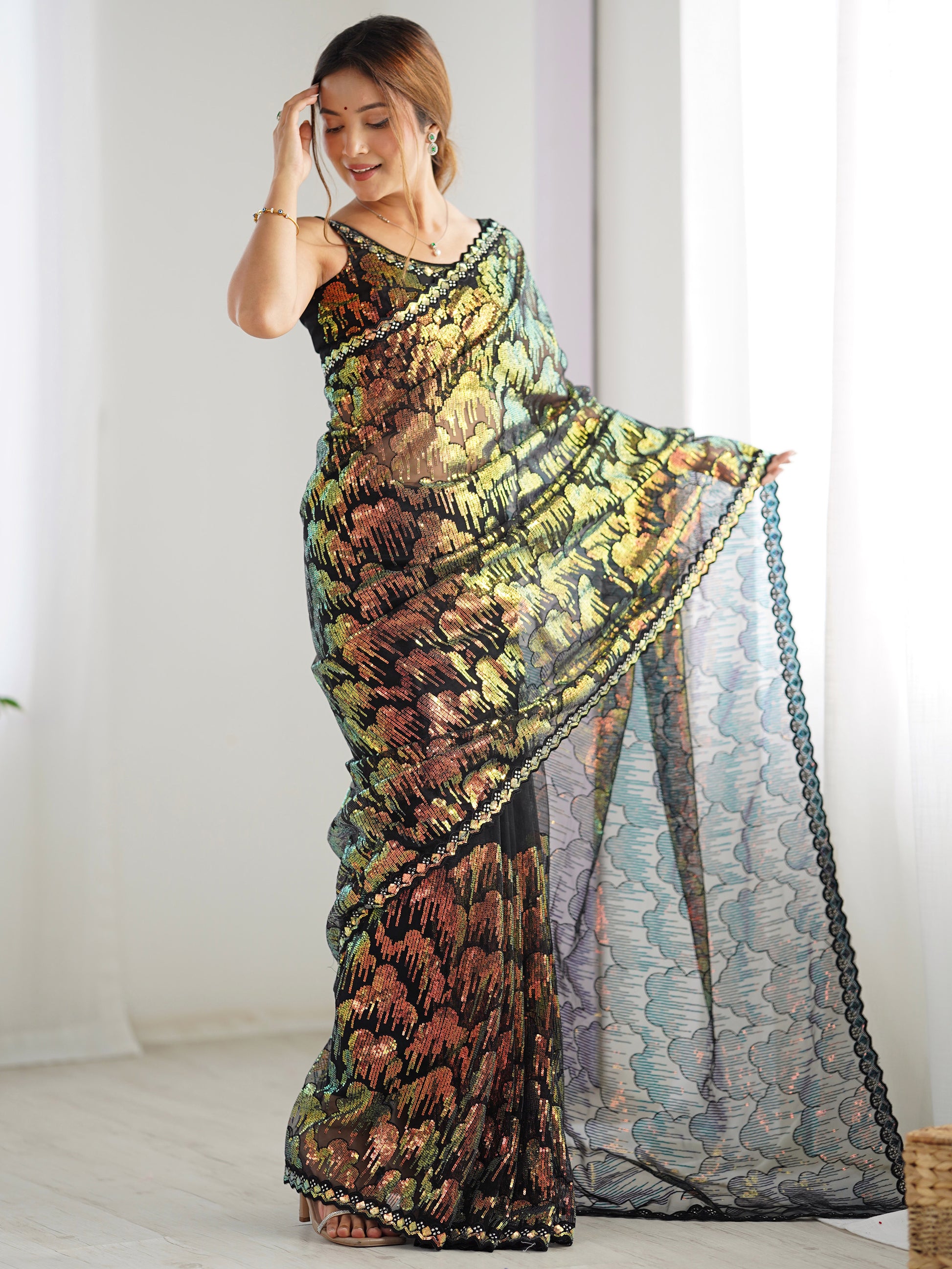 Astonishing Black Sequins Net Cocktail Party Wear Saree With Blouse