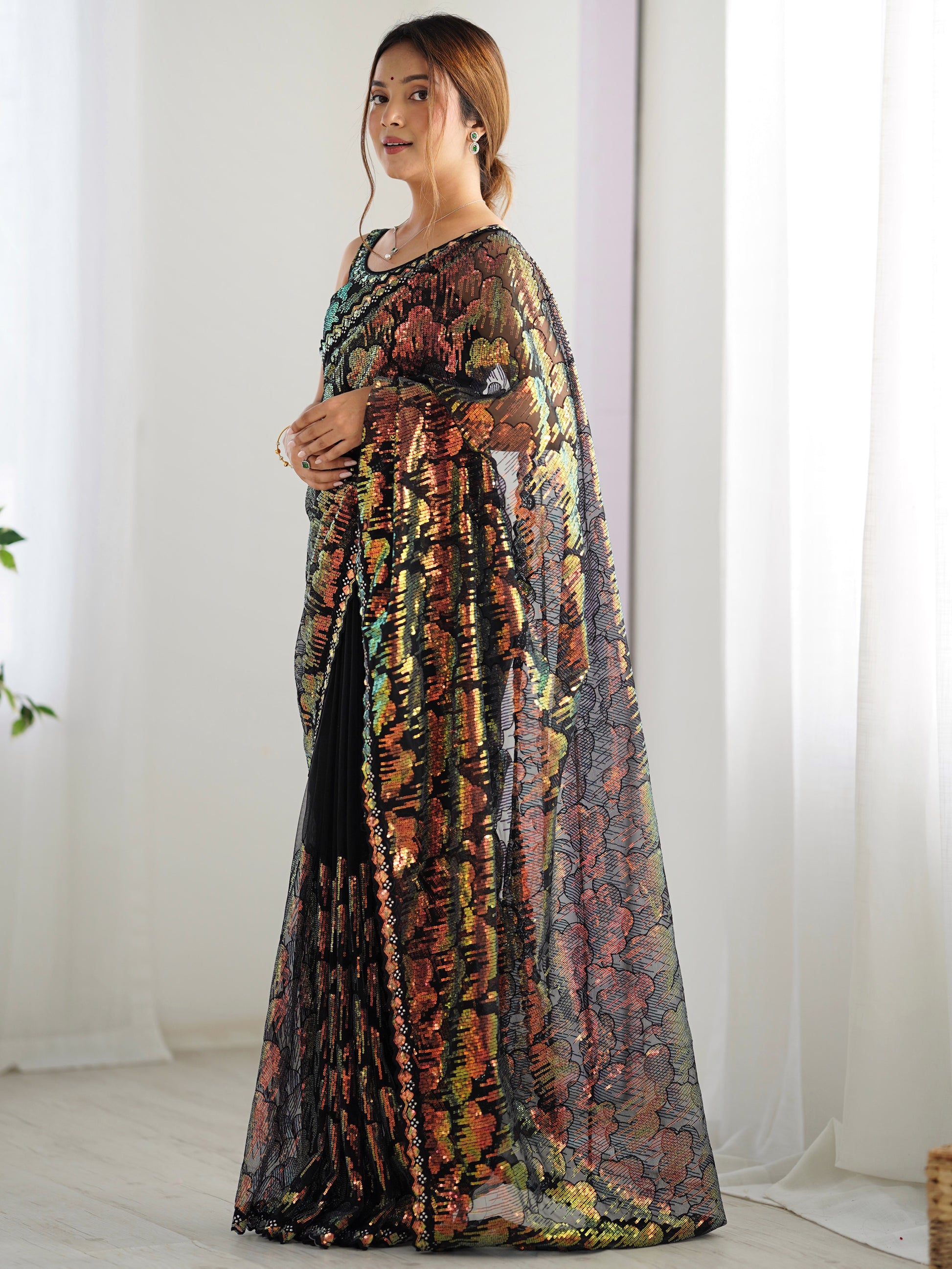 Astonishing Black Sequins Net Cocktail Party Wear Saree With Blouse