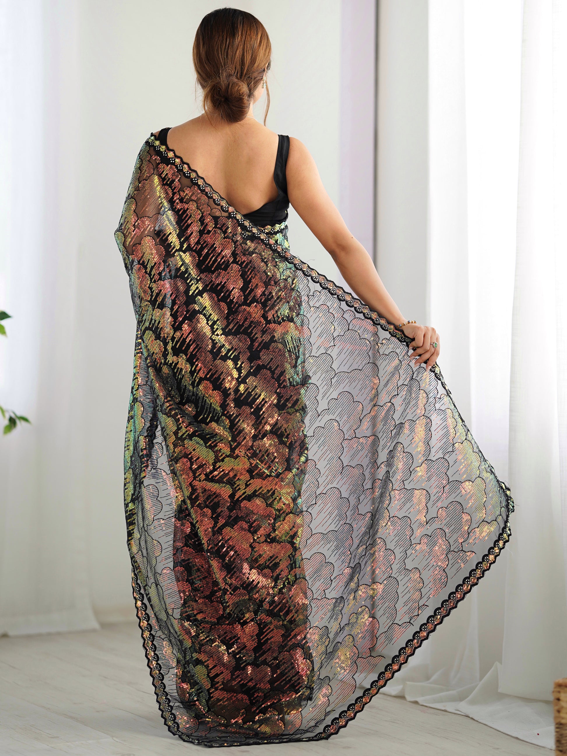 Astonishing Black Sequins Net Cocktail Party Wear Saree With Blouse