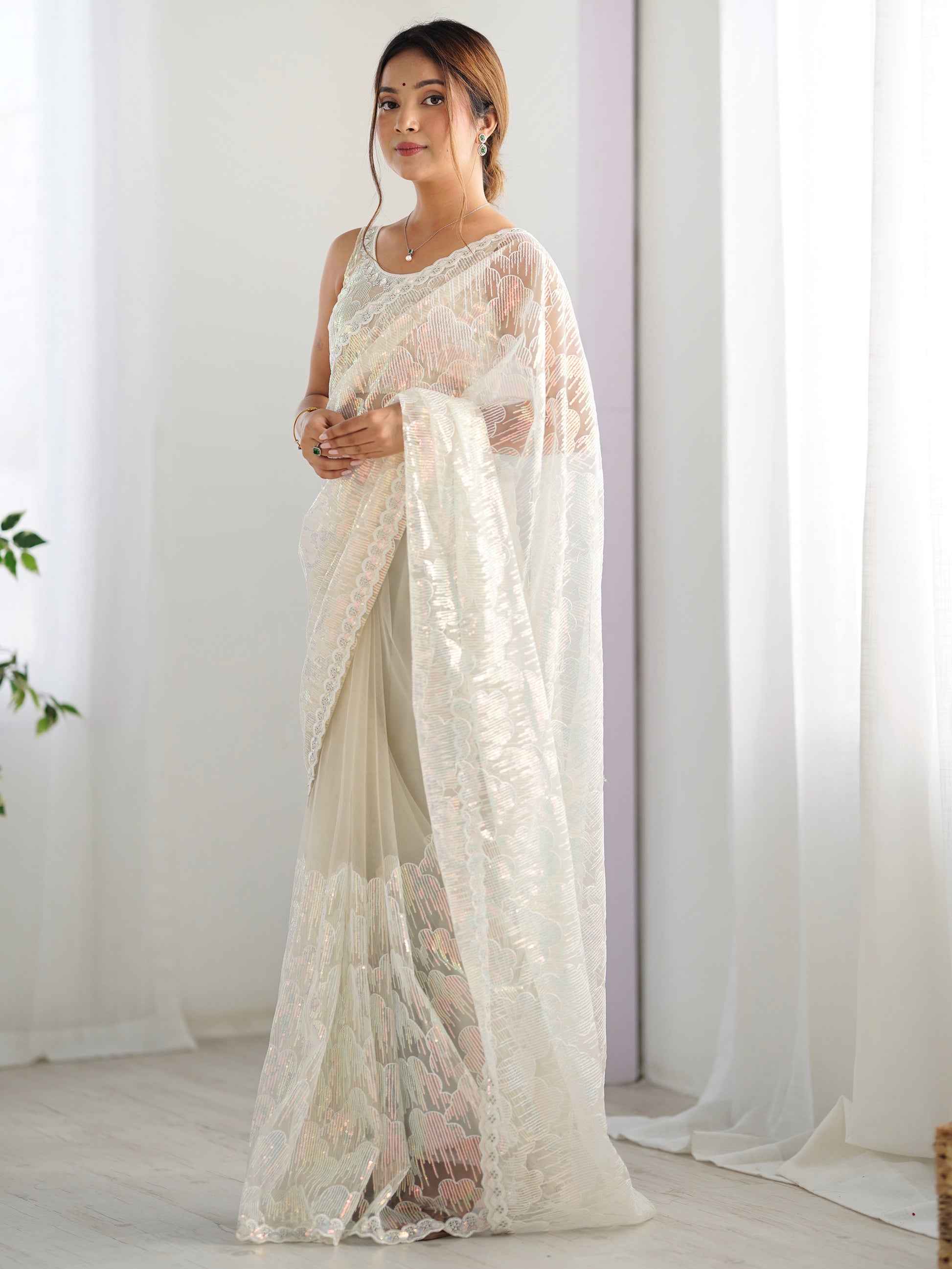 Adorable Off-White Sequins Net Event Wear Saree With Blouse