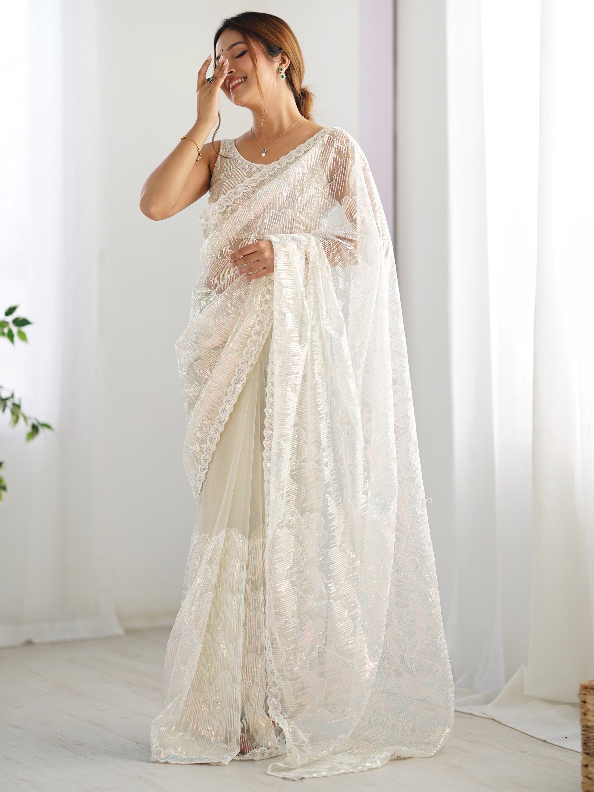 Adorable Off-White Sequins Net Event Wear Saree With Blouse