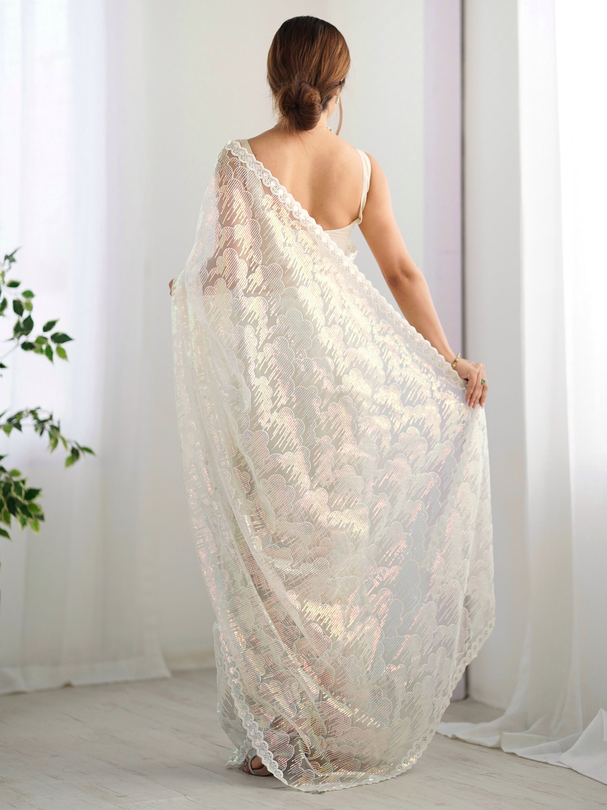 Adorable Off-White Sequins Net Event Wear Saree With Blouse