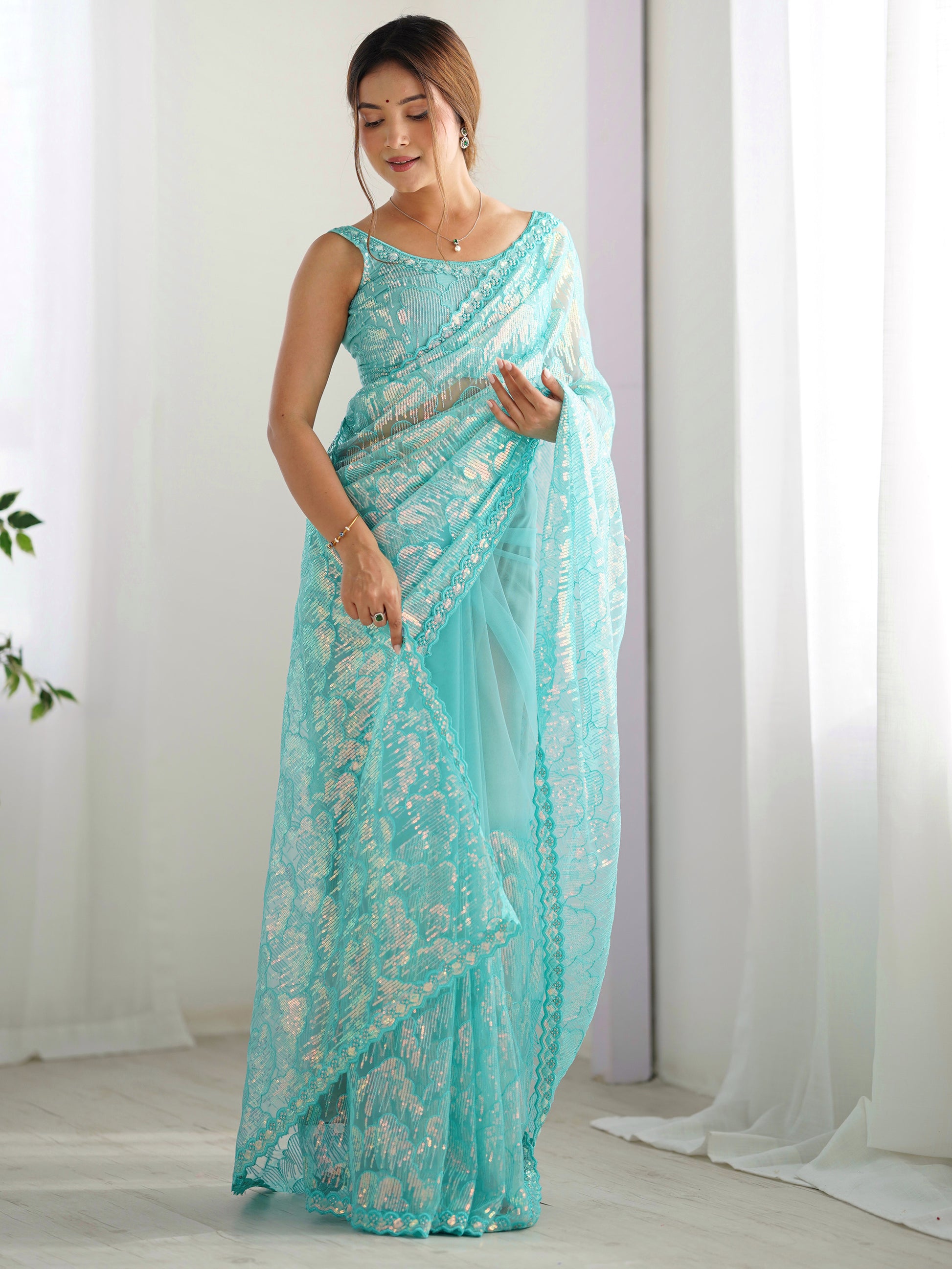 Mesmerizing Sky-Blue Sequins Net Event Wear Saree With Blouse