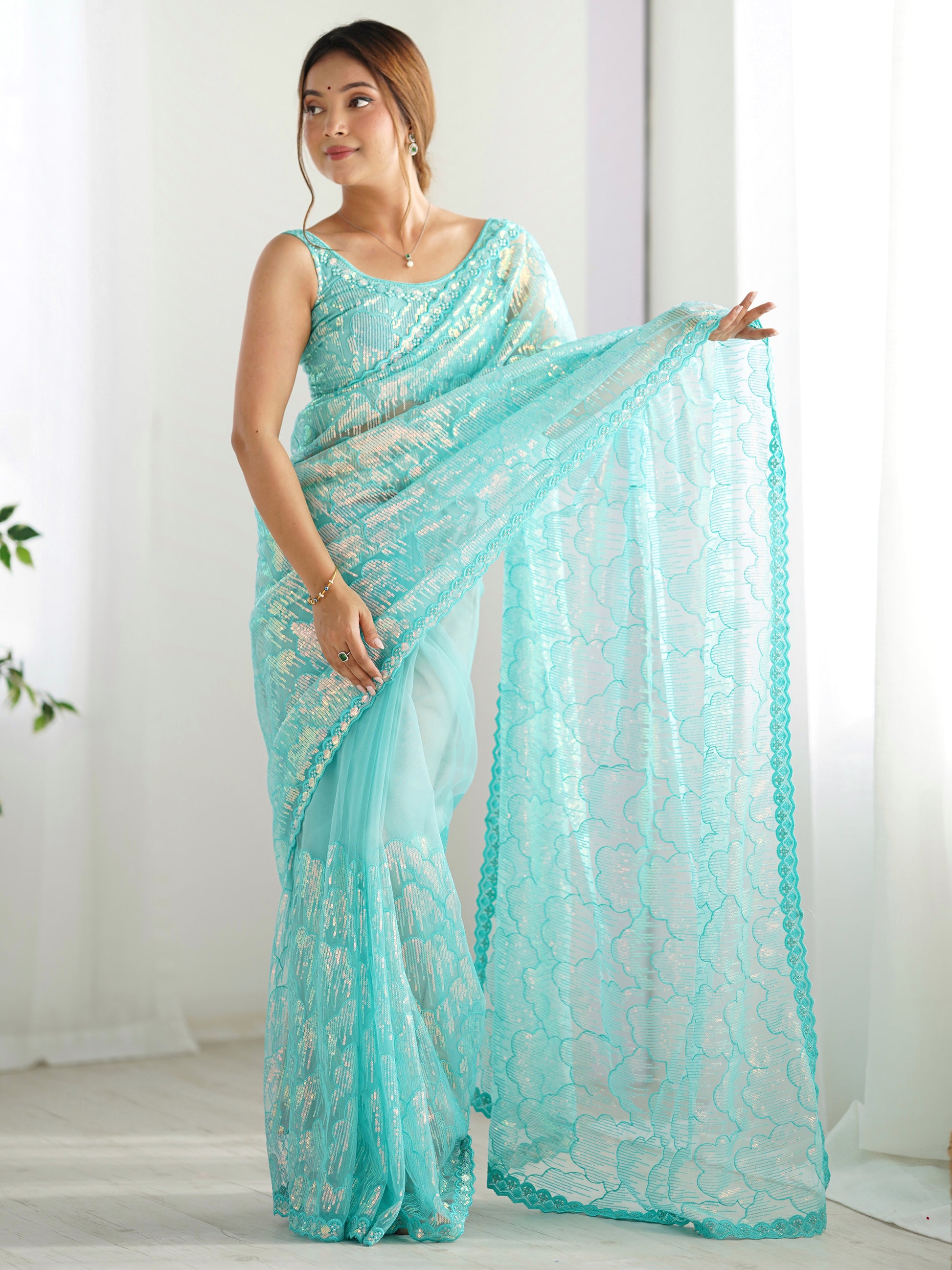 Mesmerizing Sky-Blue Sequins Net Event Wear Saree With Blouse