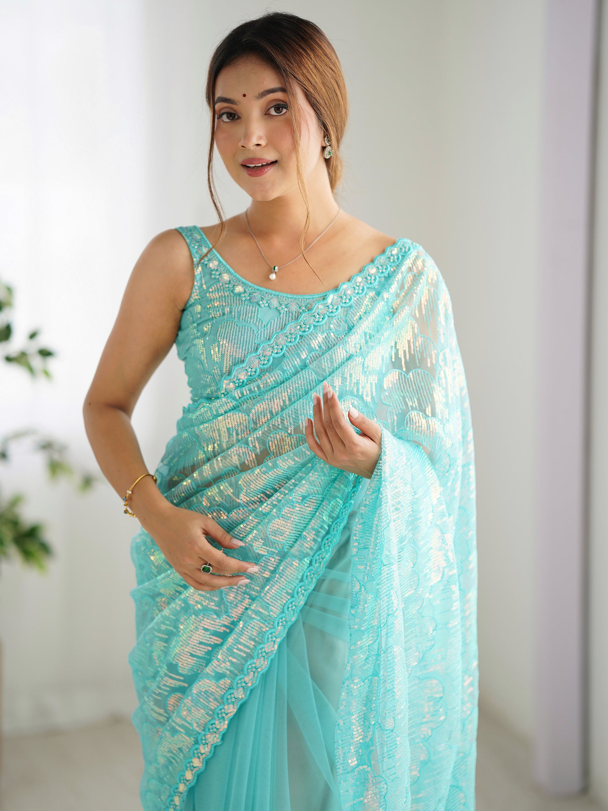 Mesmerizing Sky-Blue Sequins Net Event Wear Saree With Blouse