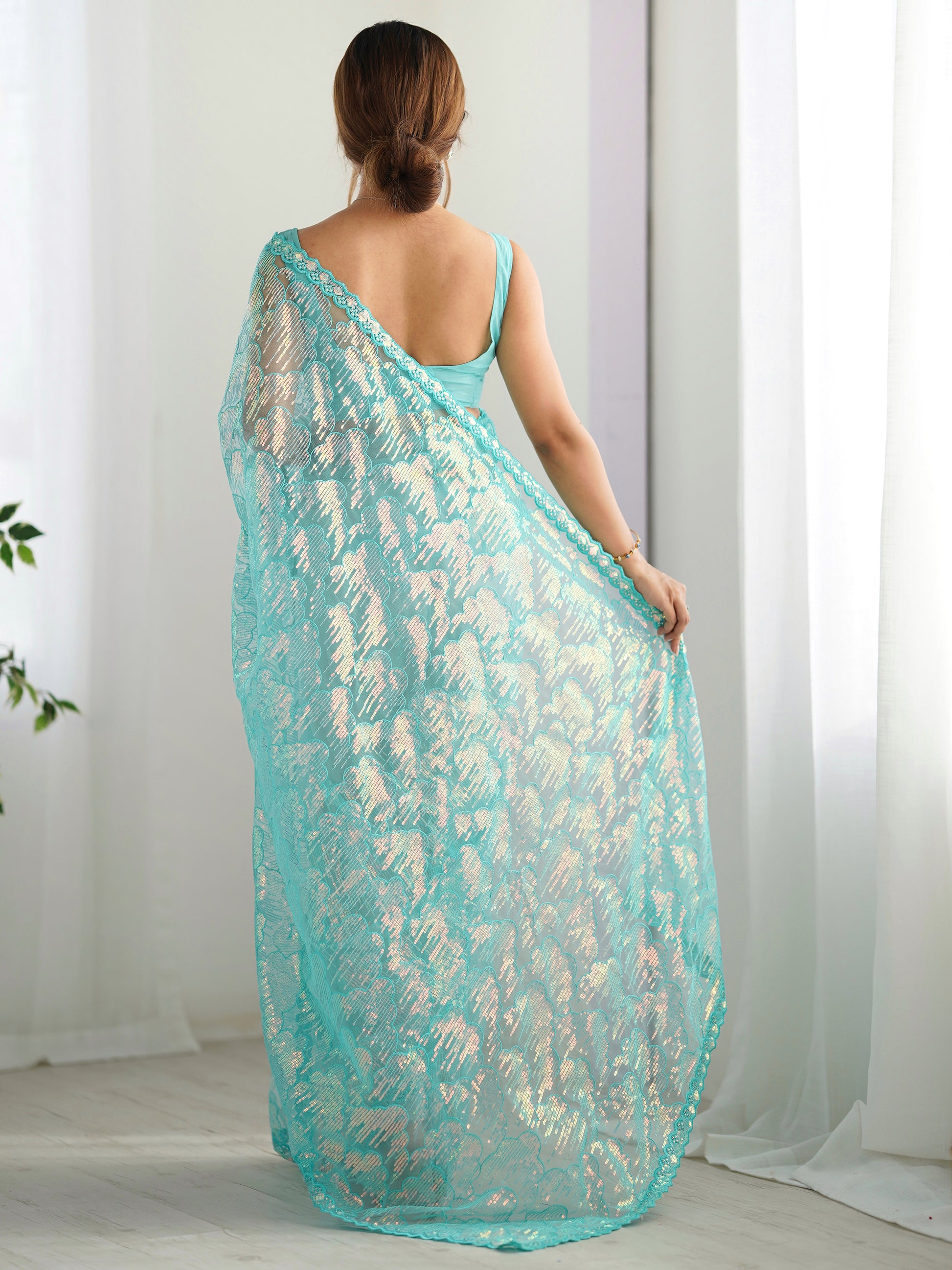 Mesmerizing Sky-Blue Sequins Net Event Wear Saree With Blouse