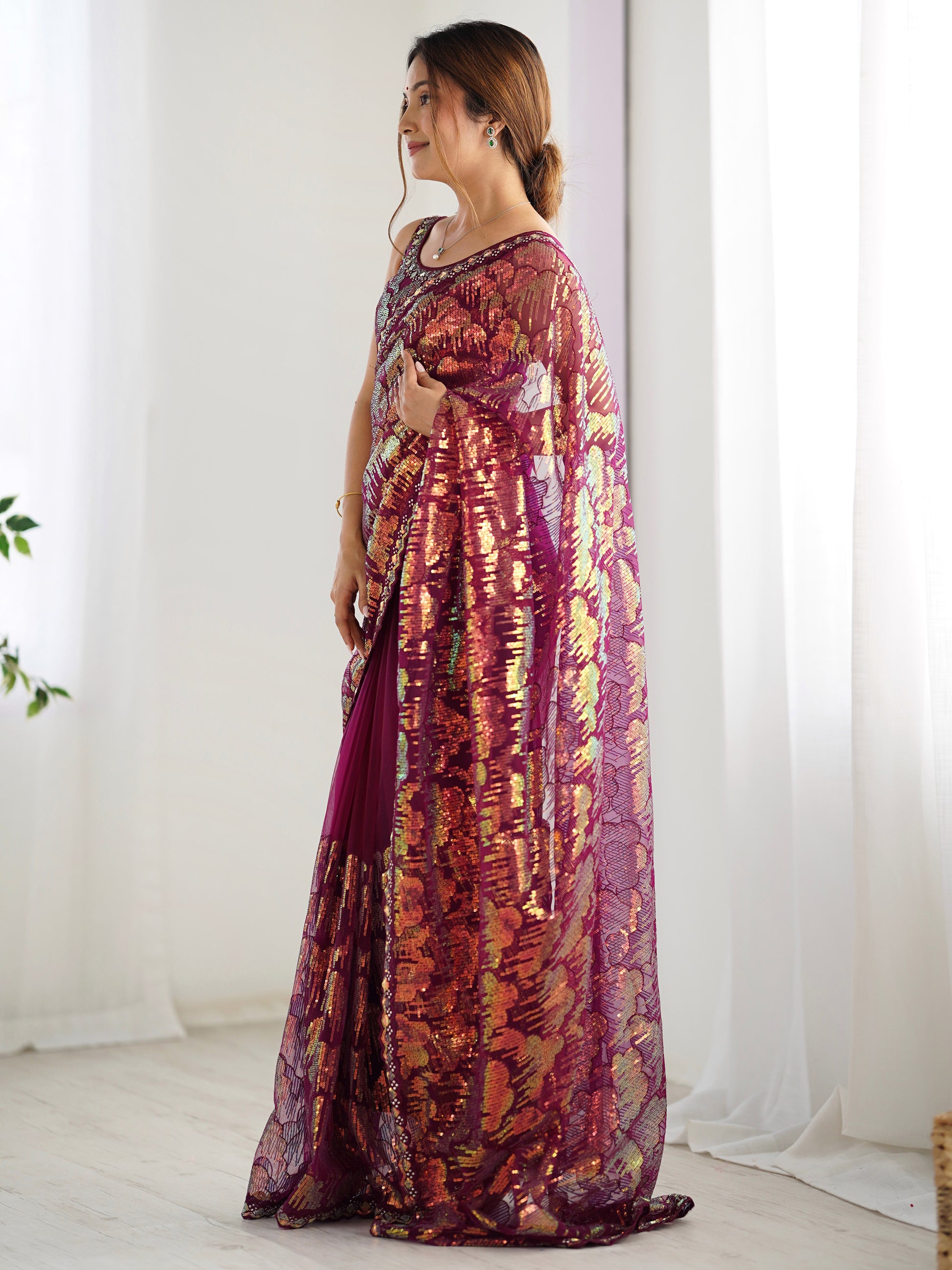 Bewitching Wine Sequins Net Reception Wear Saree With Blouse