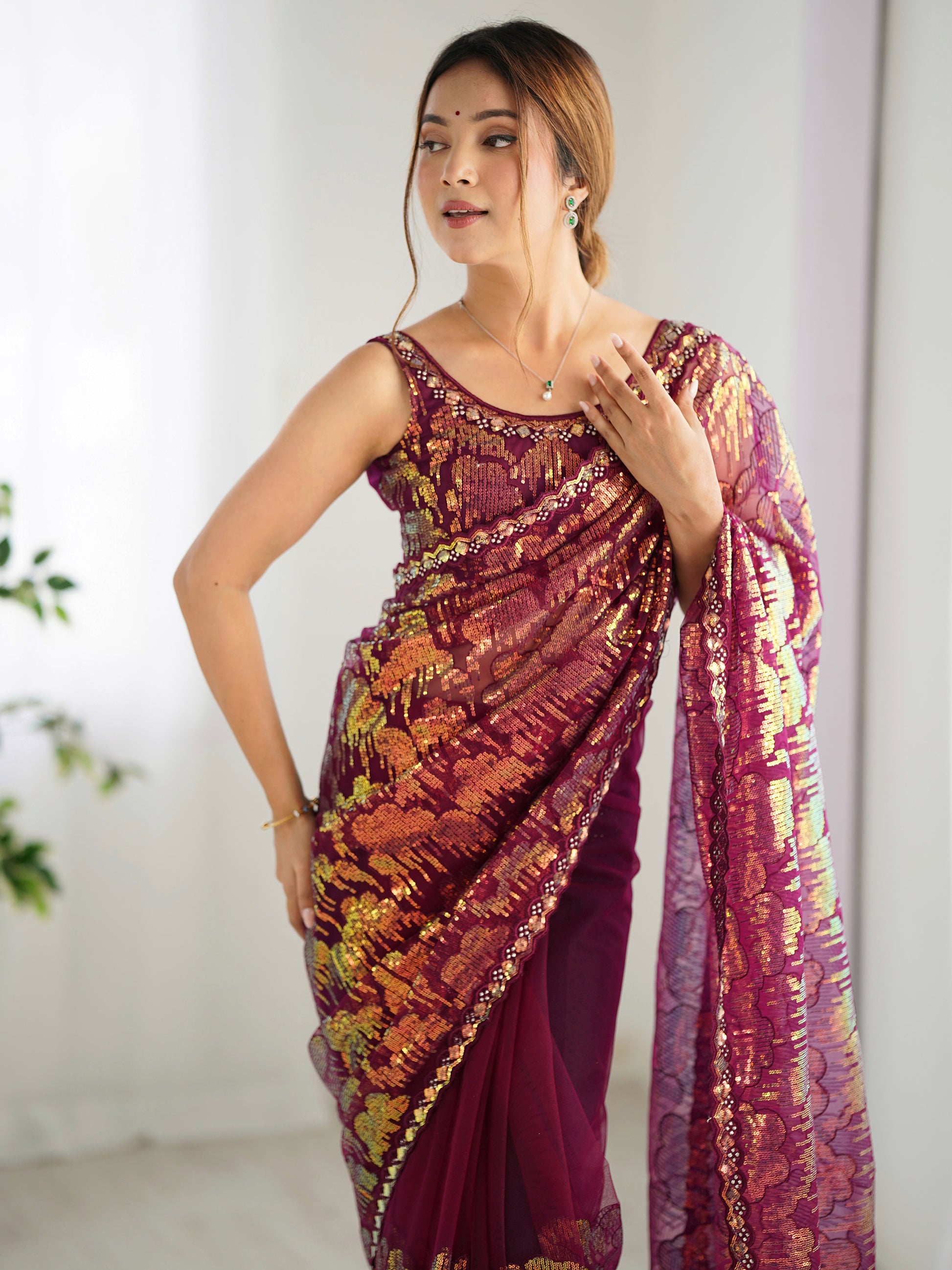 Bewitching Wine Sequins Net Reception Wear Saree With Blouse