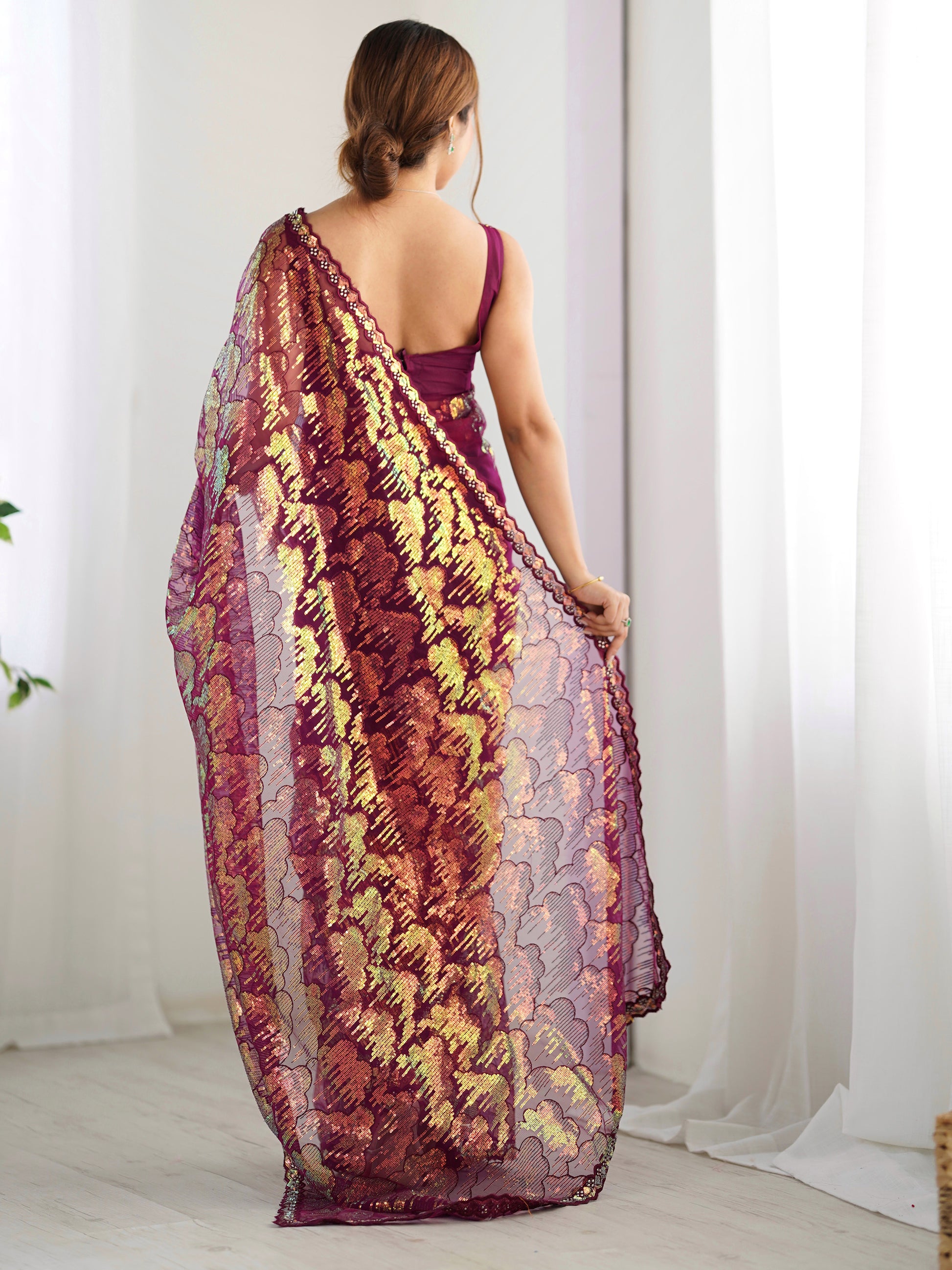 Bewitching Wine Sequins Net Reception Wear Saree With Blouse