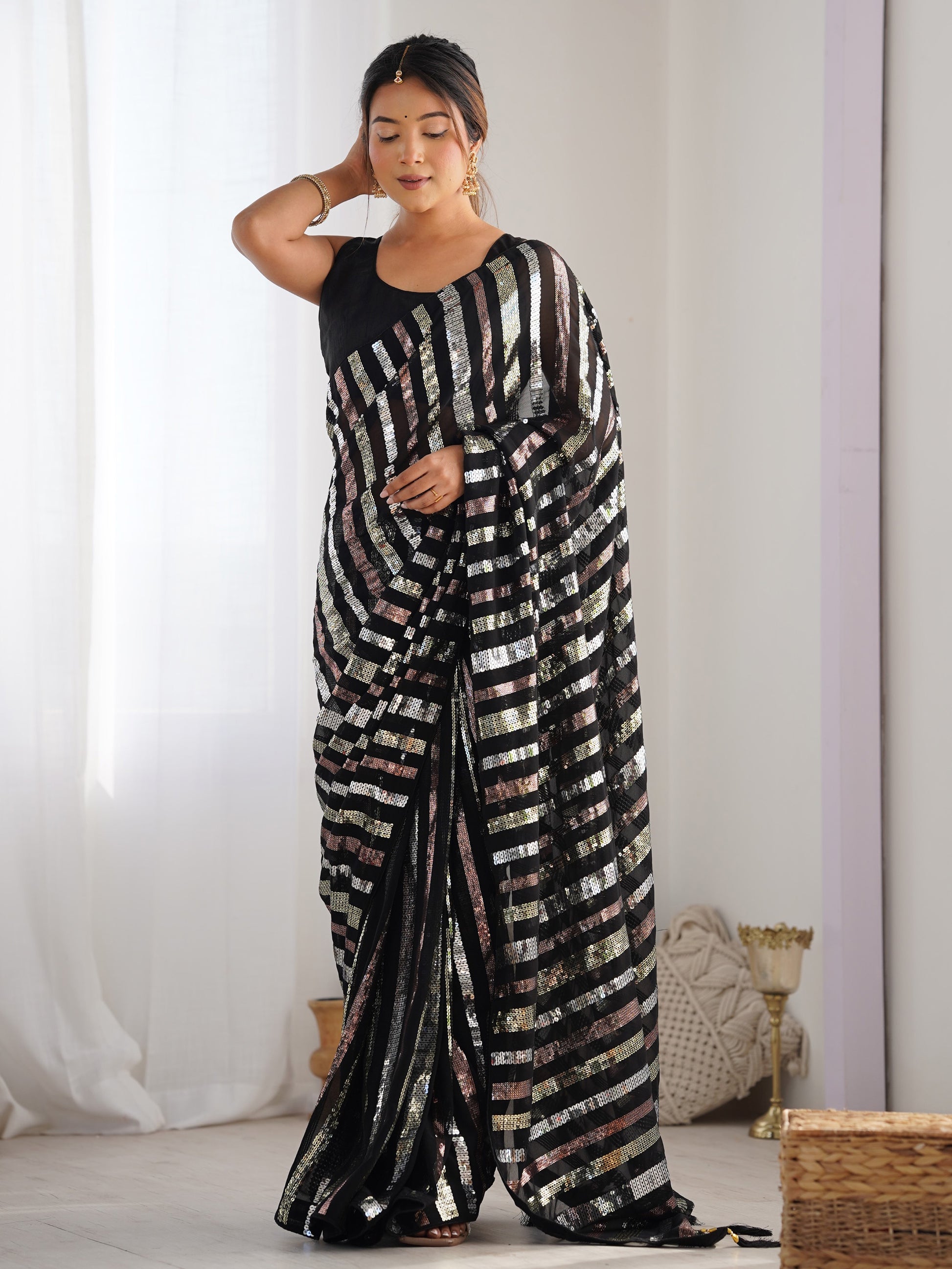 Beautiful Black Sequins Georgette Reception Wear Saree With Blouse