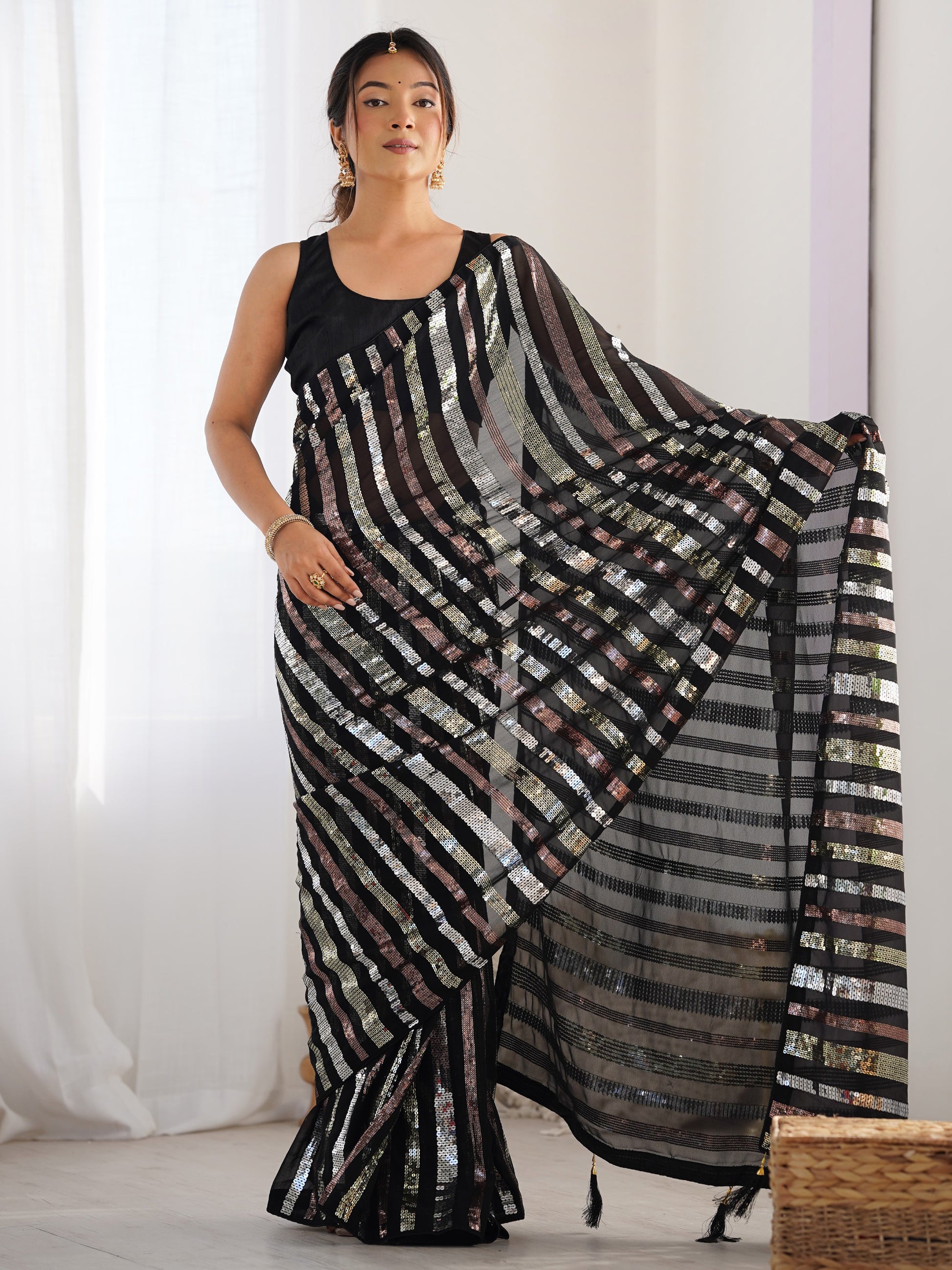 Beautiful Black Sequins Georgette Reception Wear Saree With Blouse