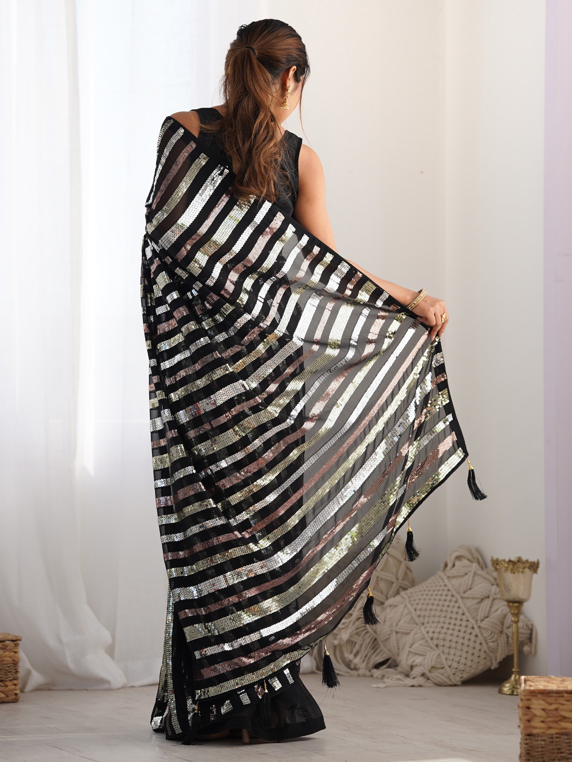 Beautiful Black Sequins Georgette Reception Wear Saree With Blouse