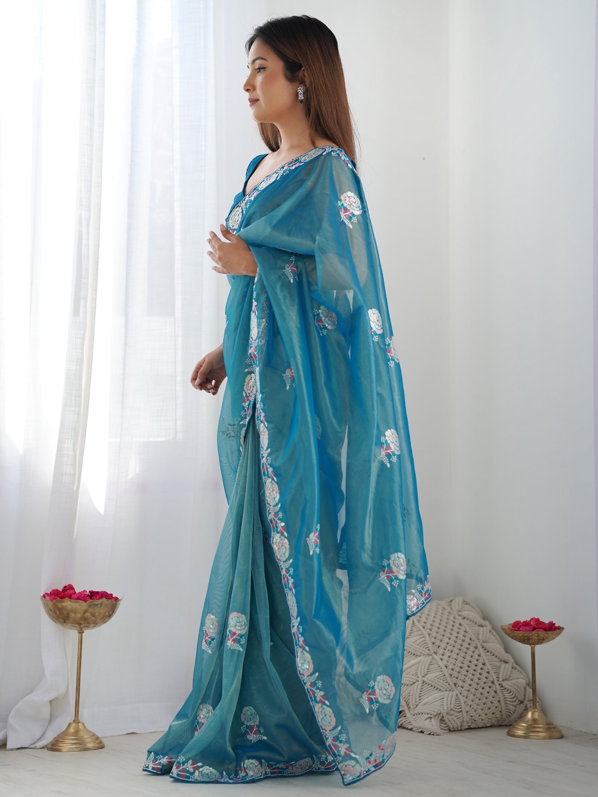 Captivating Teal Blue Thread Work Sequins Net Saree With Blouse