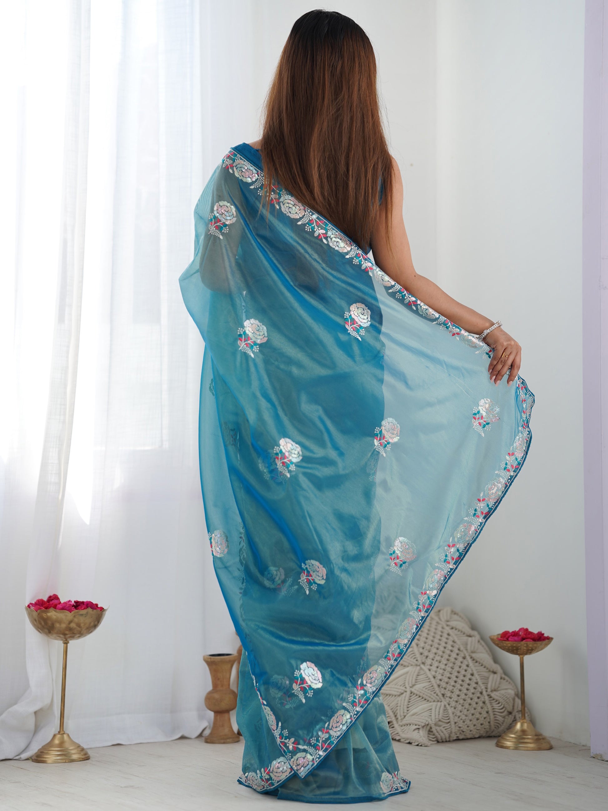 Captivating Teal Blue Thread Work Sequins Net Saree With Blouse