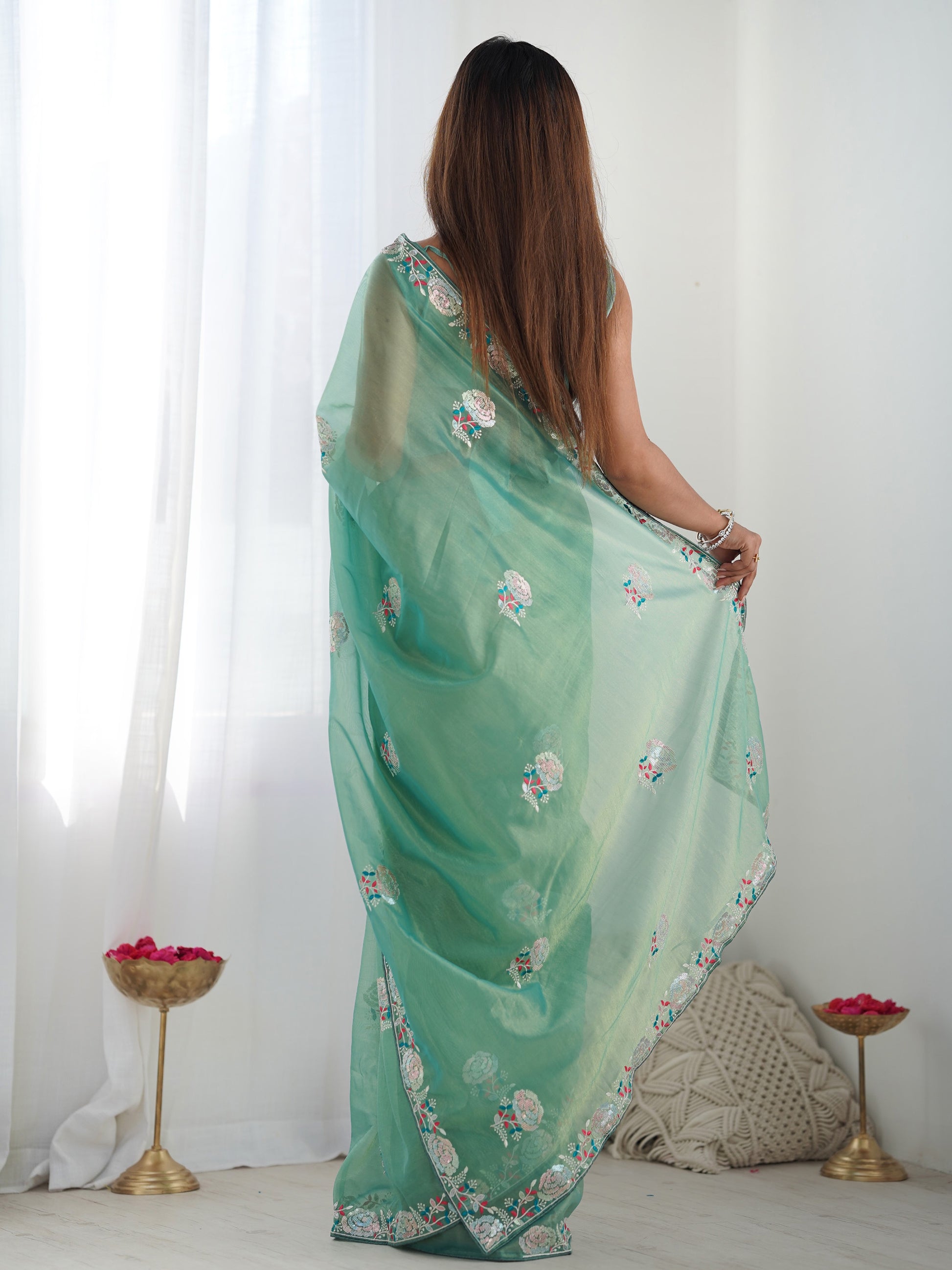 Astonishing Sea Green Sequins Net Party Wear Saree With Blouse