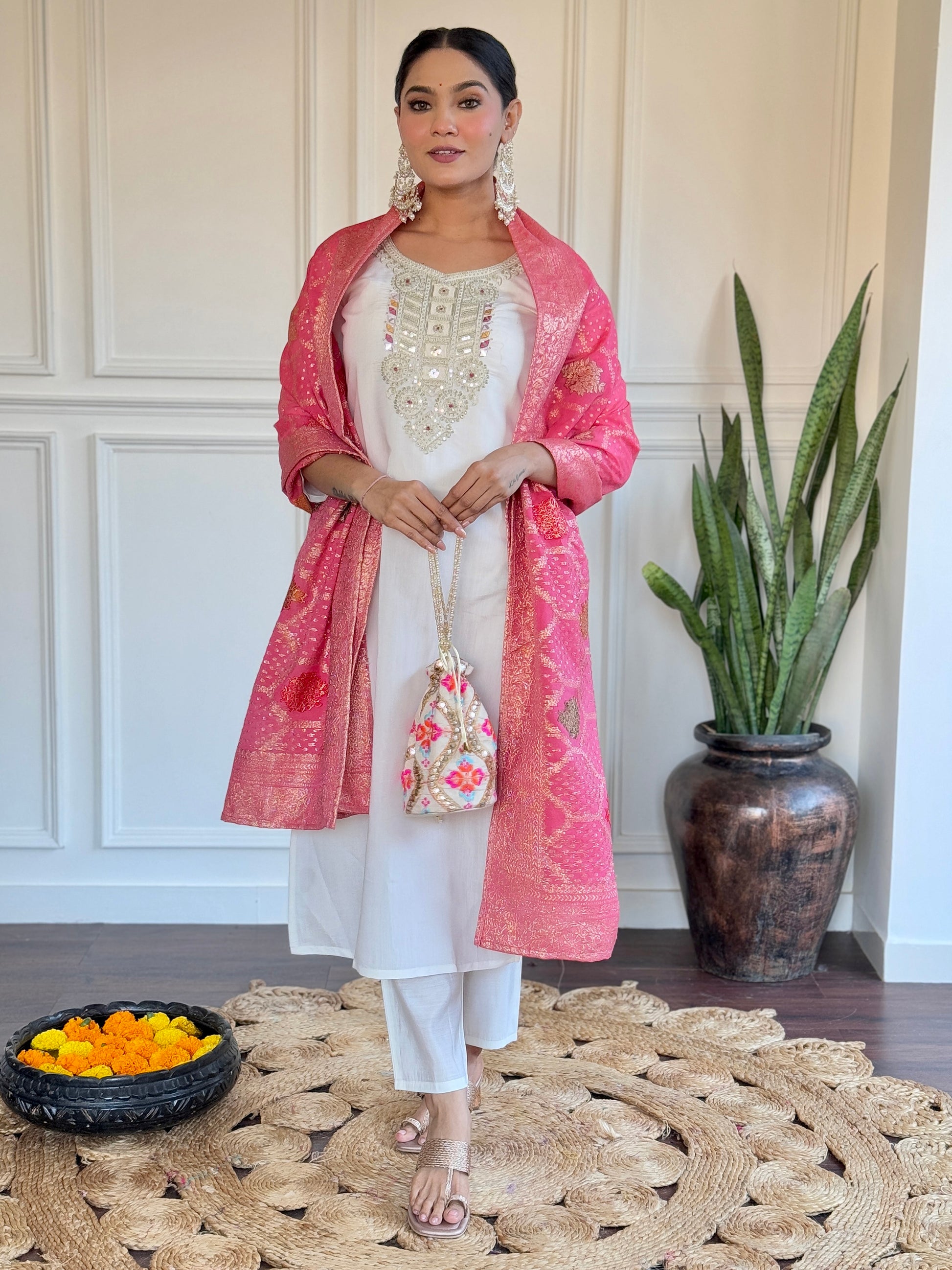 Awesome Off-White Embroidered Chanderi Traditional Pant Suit