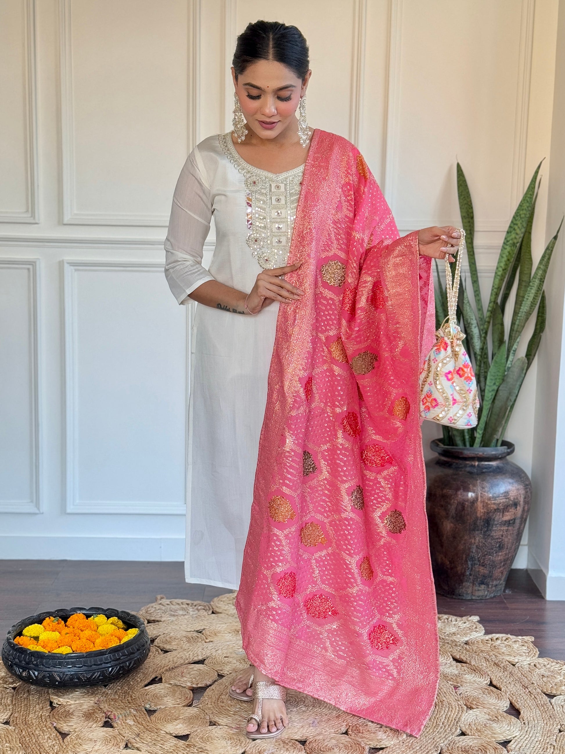 Awesome Off-White Embroidered Chanderi Traditional Pant Suit