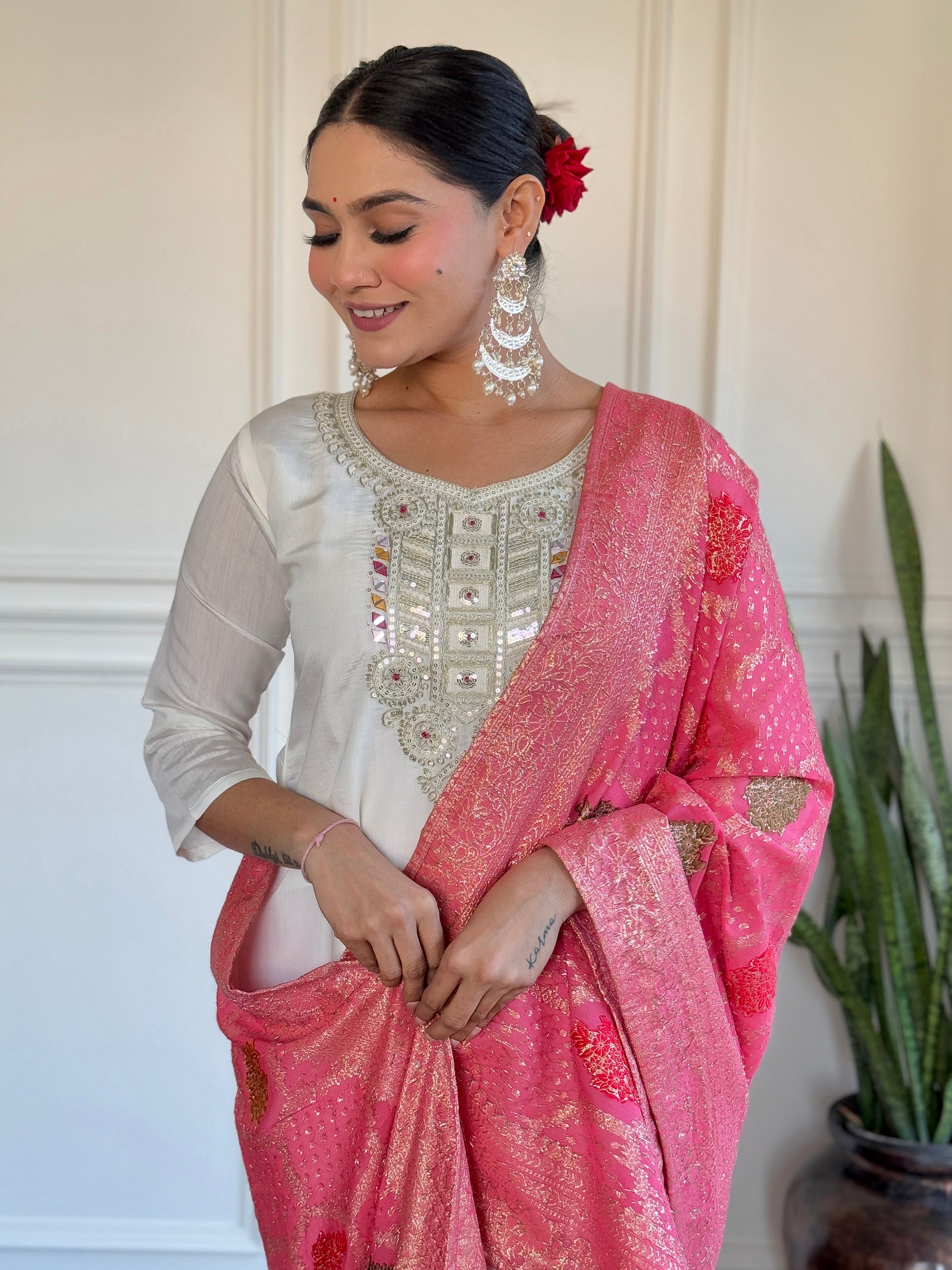 Awesome Off-White Embroidered Chanderi Traditional Pant Suit