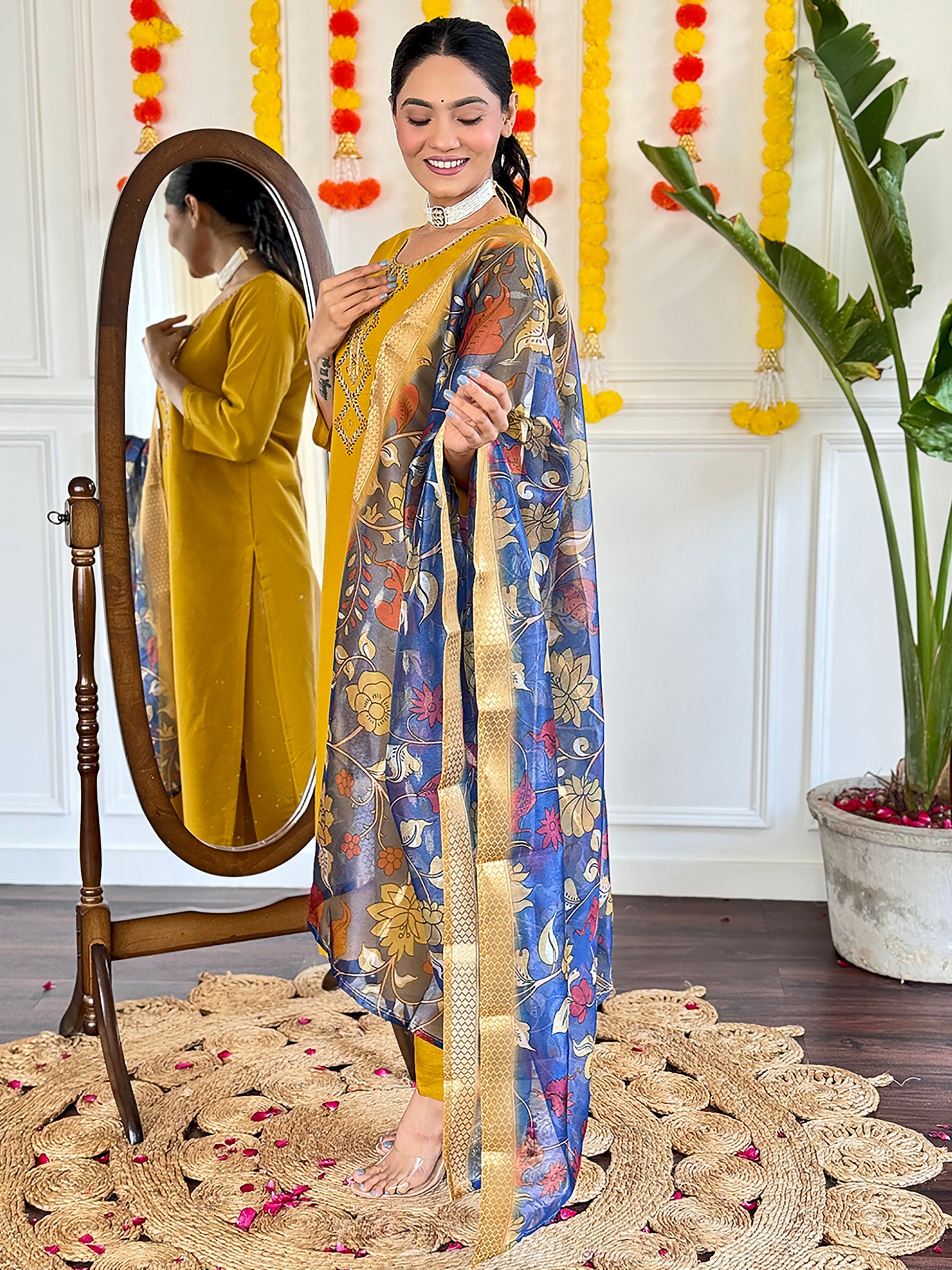 Dazzling Mustard Yellow Embroidered Viscose Haldi Wear Pant Suit