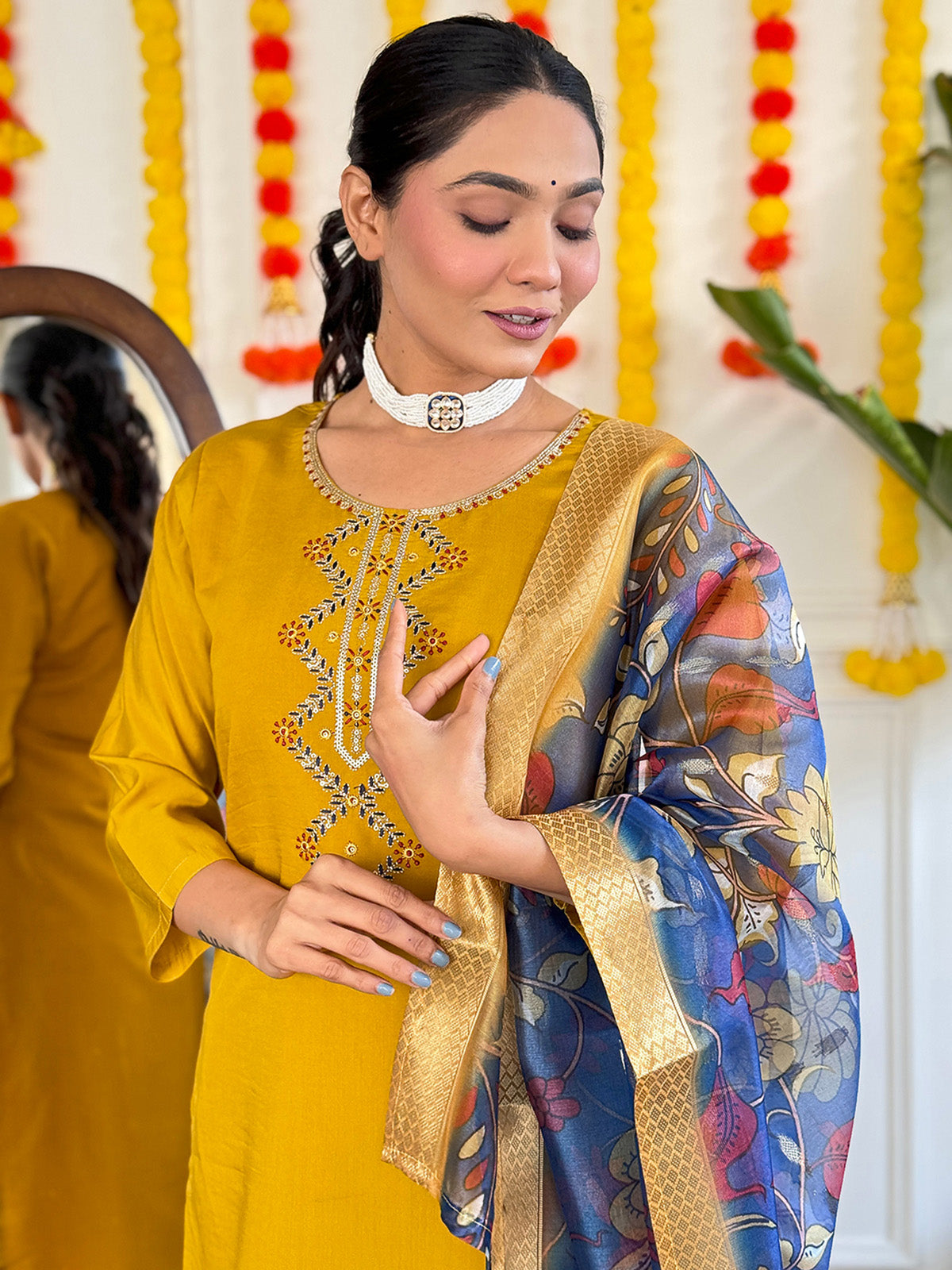 Dazzling Mustard Yellow Embroidered Viscose Haldi Wear Pant Suit