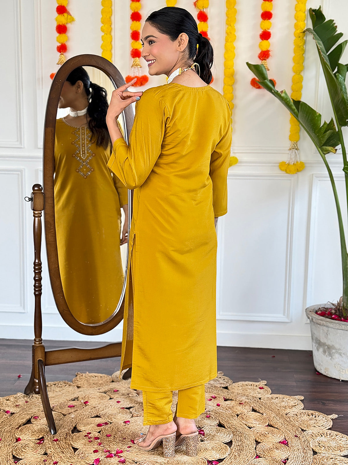 Dazzling Mustard Yellow Embroidered Viscose Haldi Wear Pant Suit