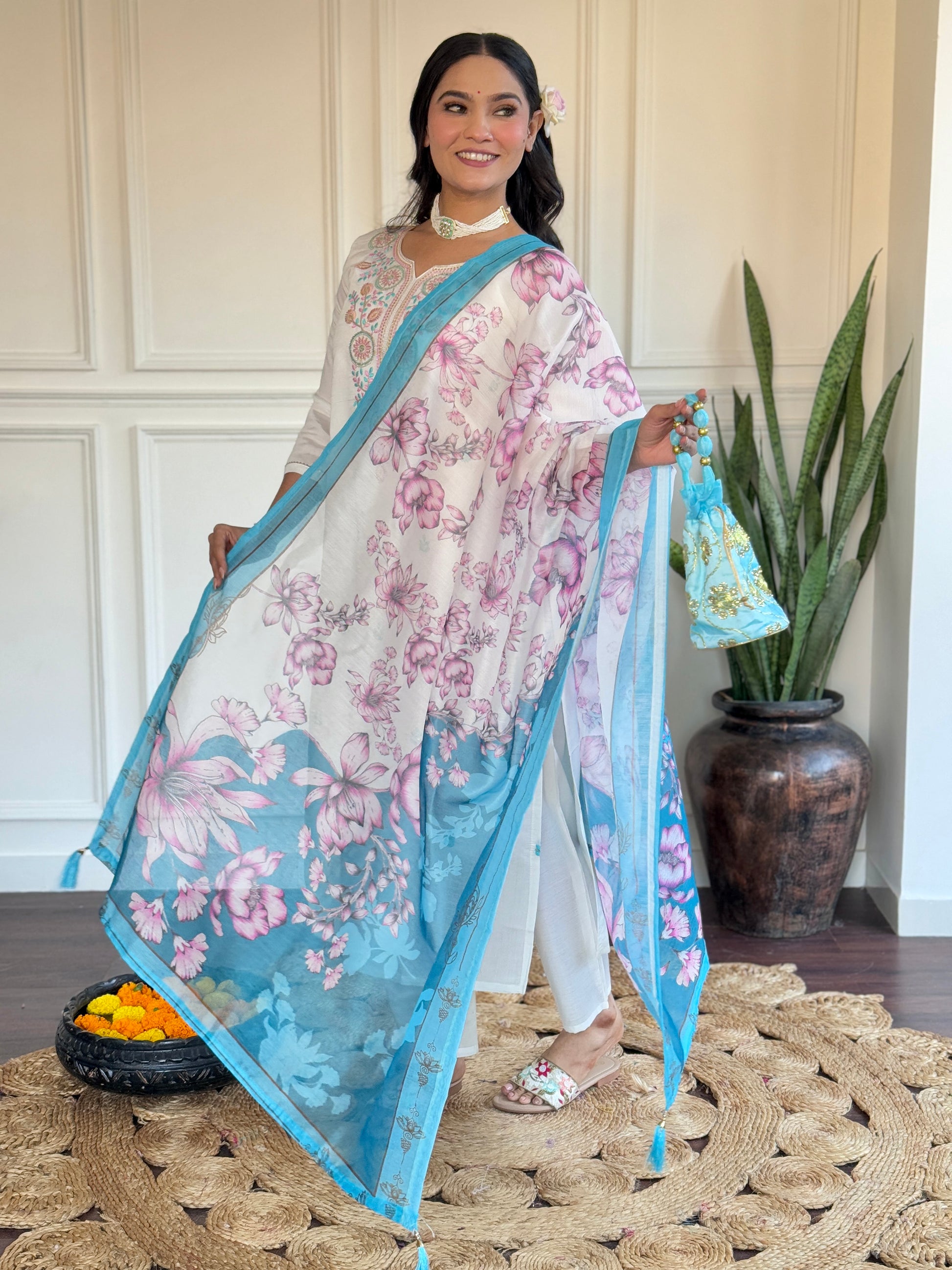 Amazing Off-White Thread Embroidered Viscose Pant Suit With Dupatta