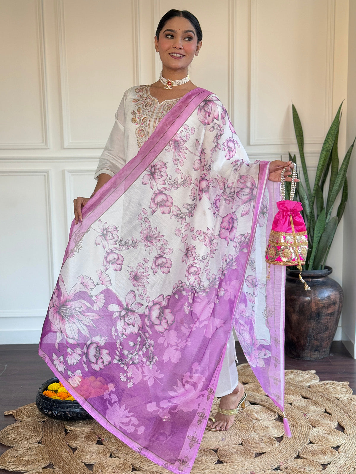 Lovable Off-White Thread Embroidered Viscose Traditional Pant Suit