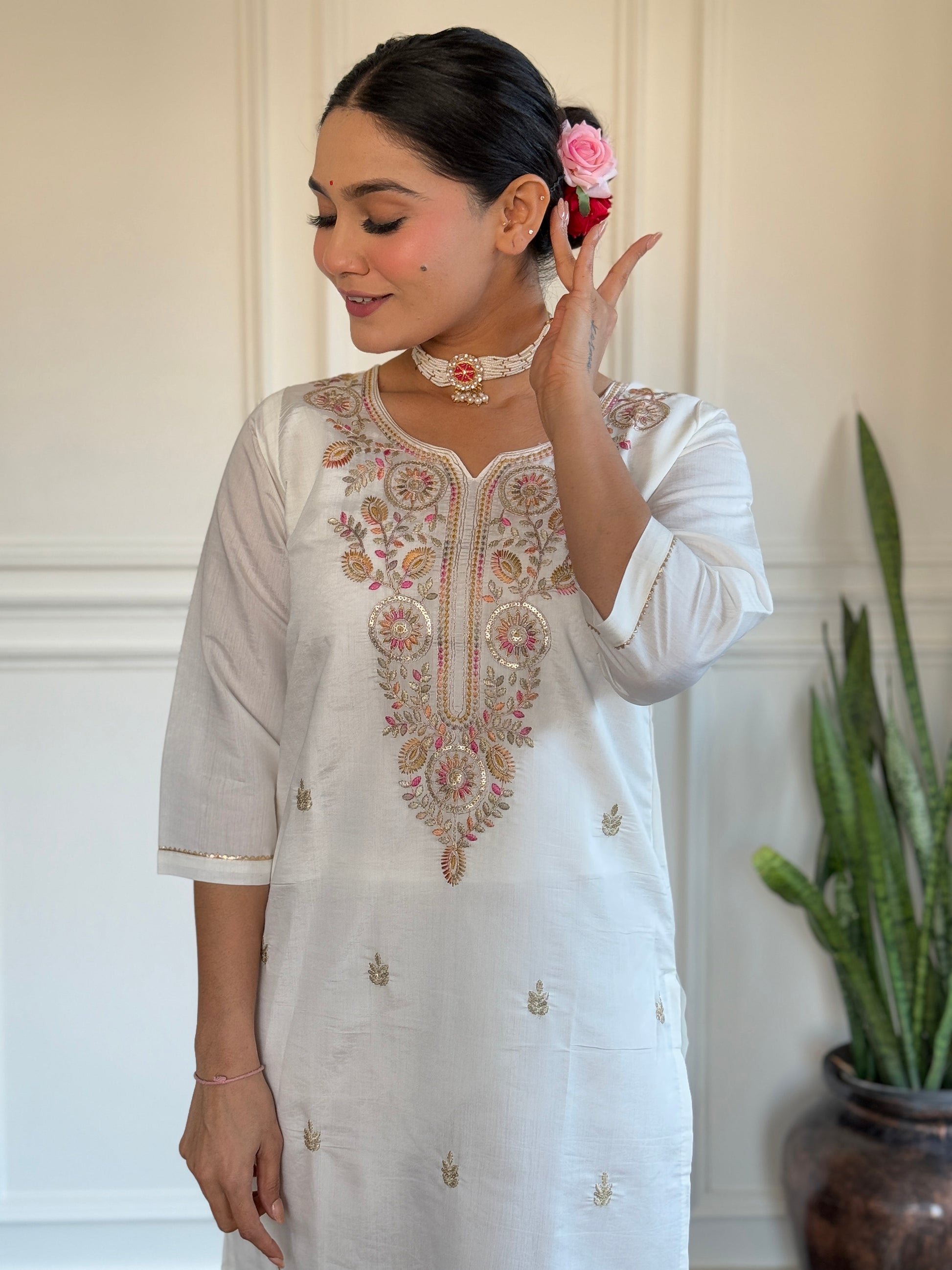 Lovable Off-White Thread Embroidered Viscose Traditional Pant Suit