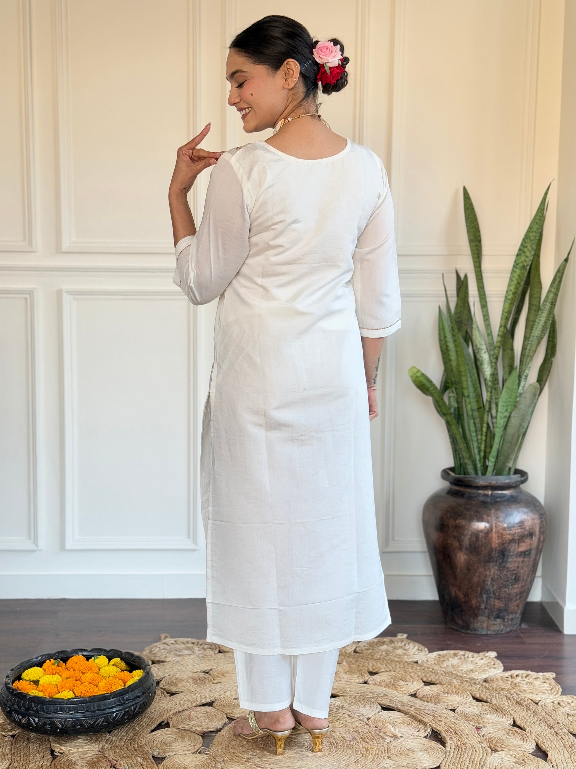 Lovable Off-White Thread Embroidered Viscose Traditional Pant Suit