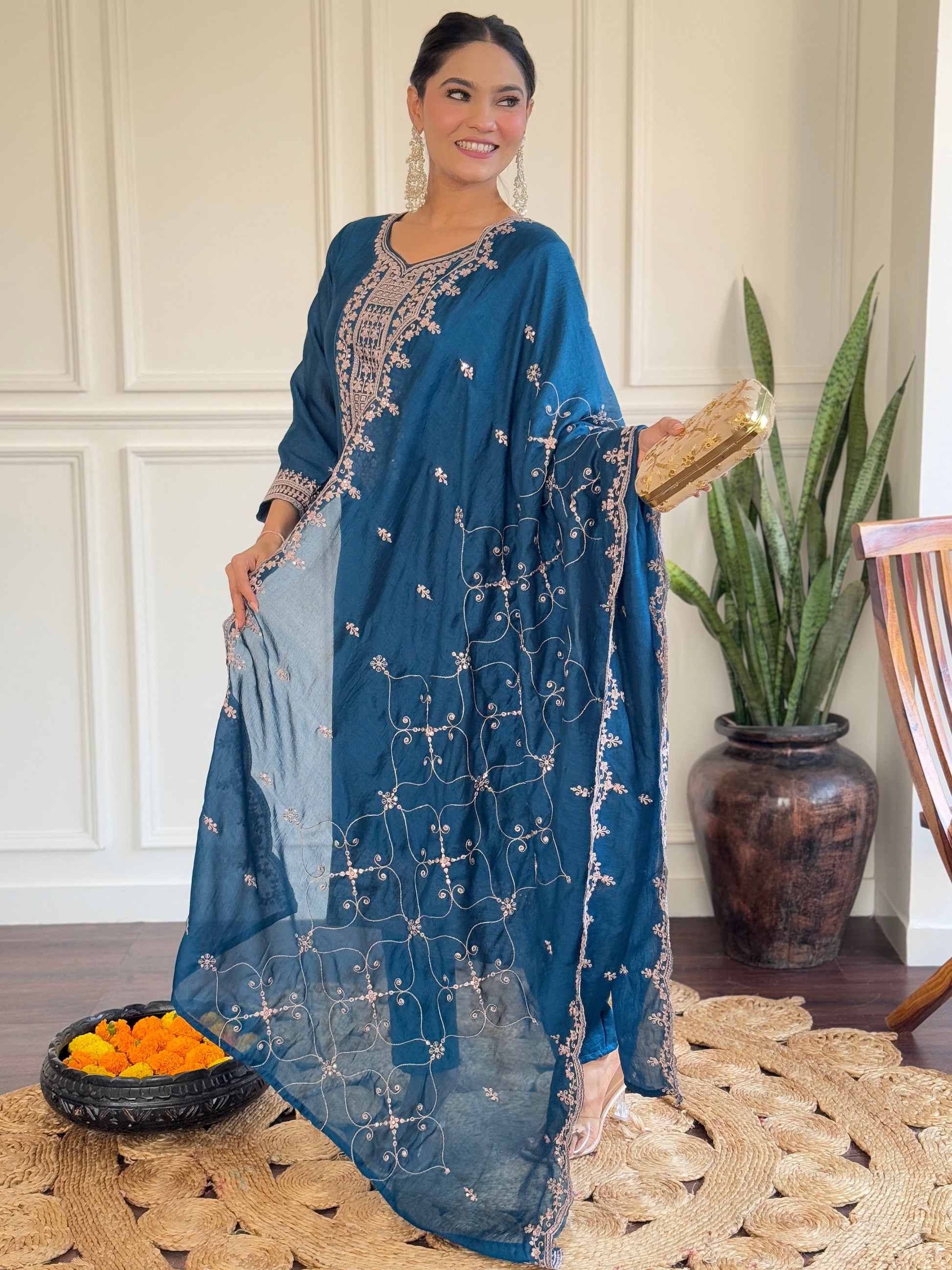 Pretty Blue Embroidered Vichitra Silk Festival Wear Pant Suit With Dupatta