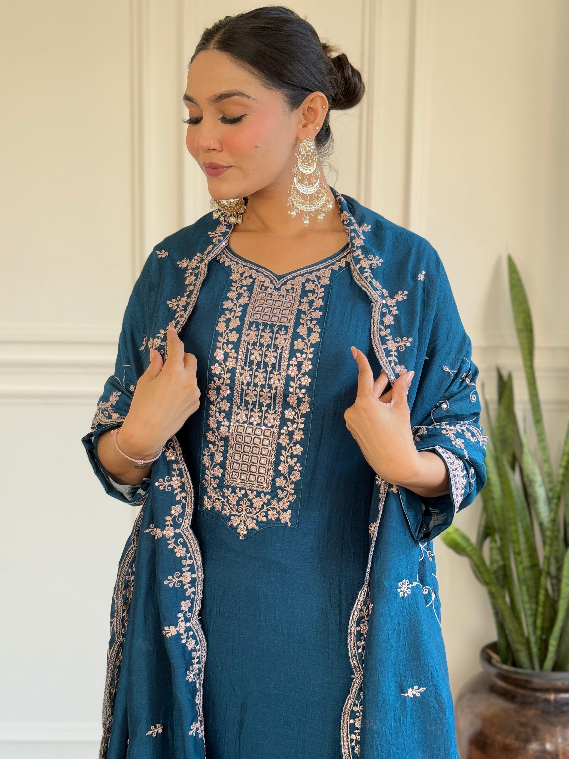 Pretty Blue Embroidered Vichitra Silk Festival Wear Pant Suit With Dupatta