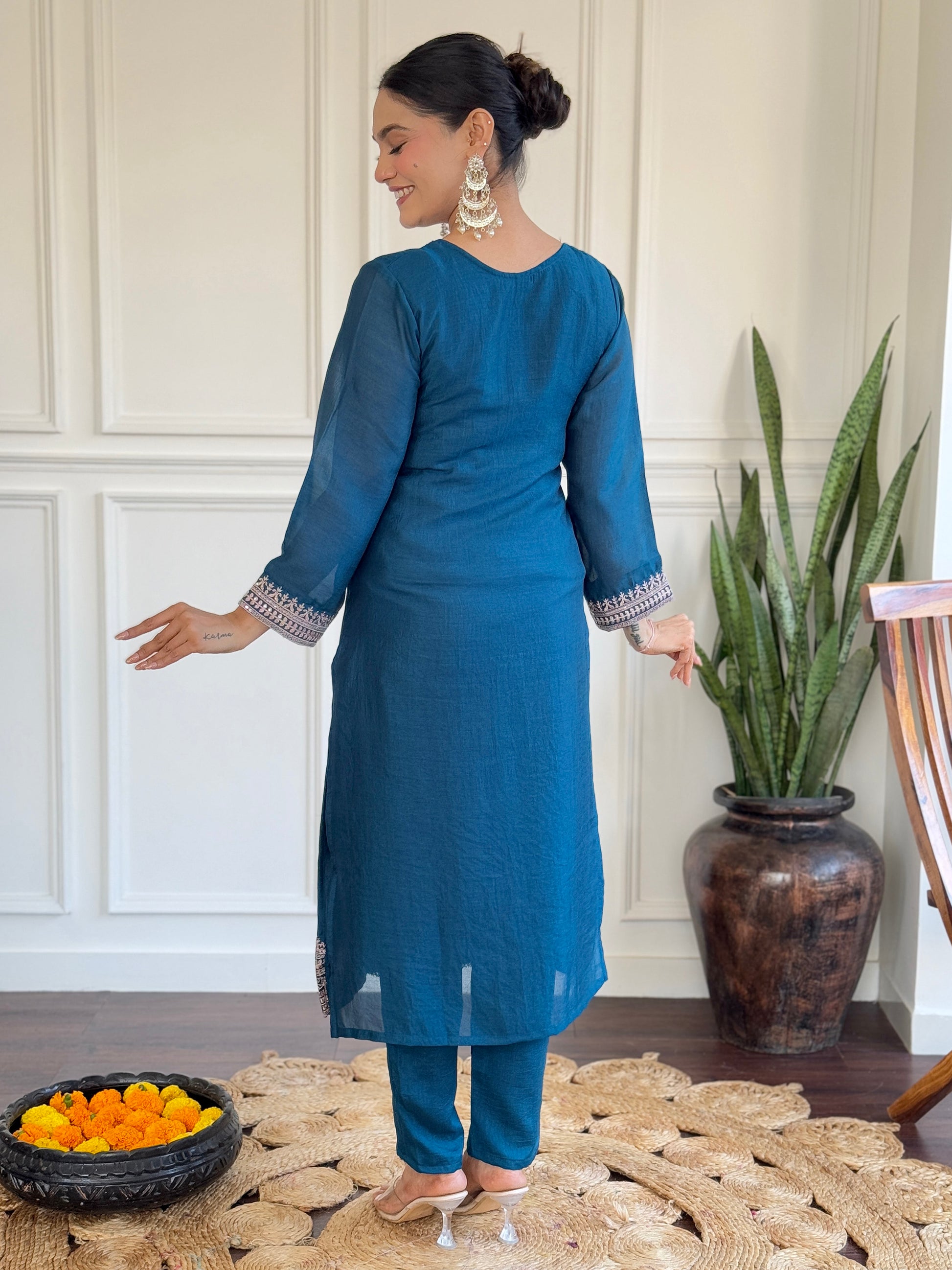 Pretty Blue Embroidered Vichitra Silk Festival Wear Pant Suit With Dupatta